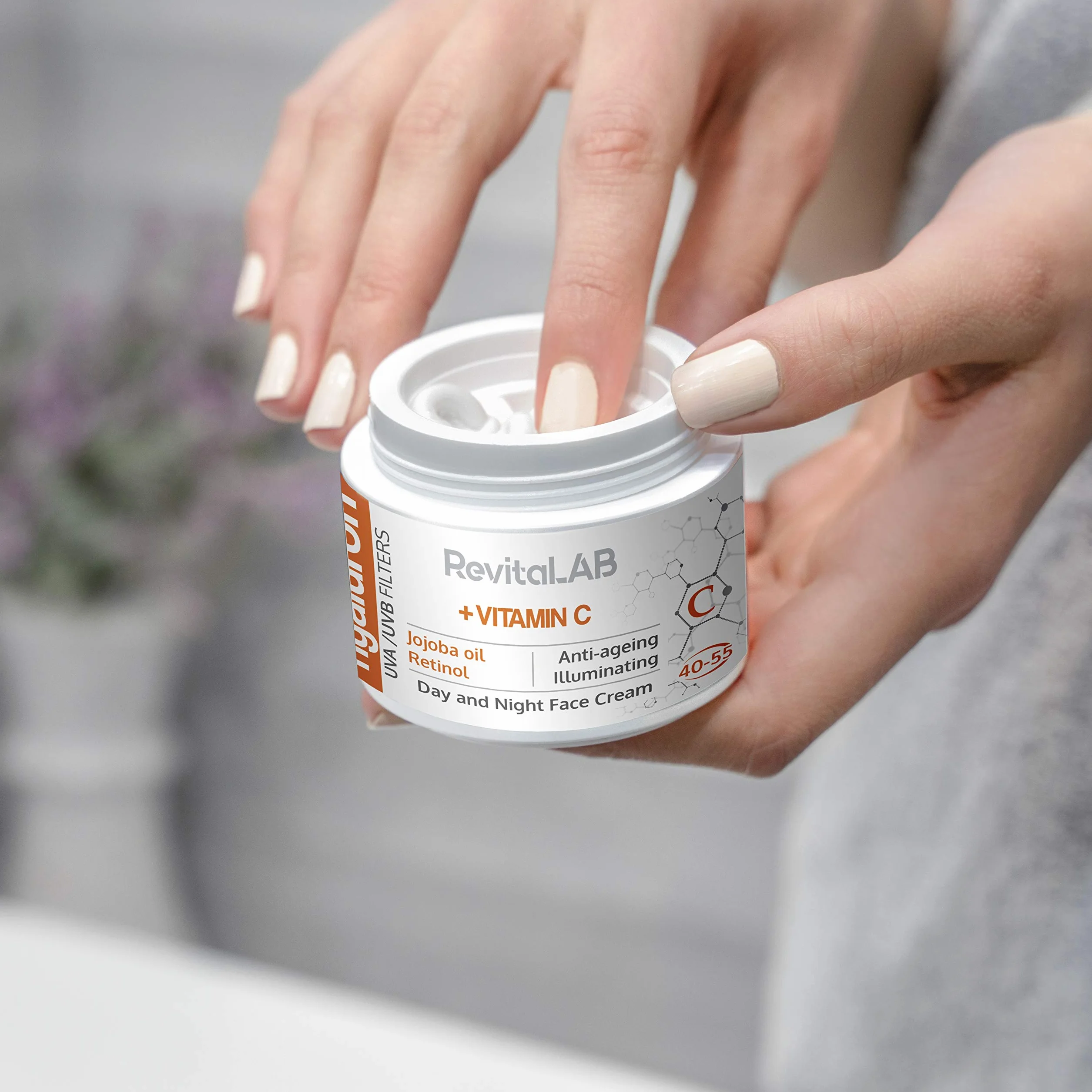 RevitaLAB Hyaluron Anti-Aging Day and Night Cream, Enriched with Vitamins A, B3, B5, E, C, Jojoba Oil, and UV Filters for Ages 40 – 55, 50 ml