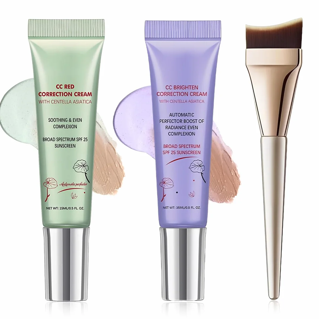 2 Pezzi Crema CC Correttiva del Colore - Correttore Tinta per la Pelle con Copertura Totale - Fondotinta Make Up a Copertura Totale, con 1 Pennello per Fondotinta a Coda di Pesce