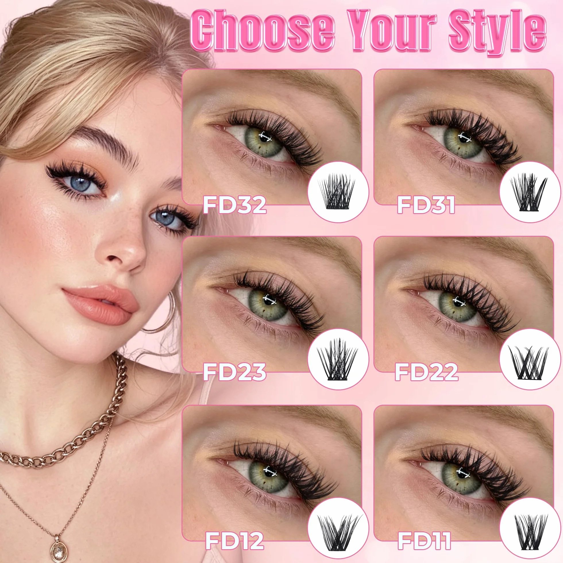 Ciglia Finte Ciuffetti Kit Extension Ciglia Lash Clusters con Bond e Rimuoviciglia 8-16mm,DIY Eyelash Extension Kit (DM-FD32)