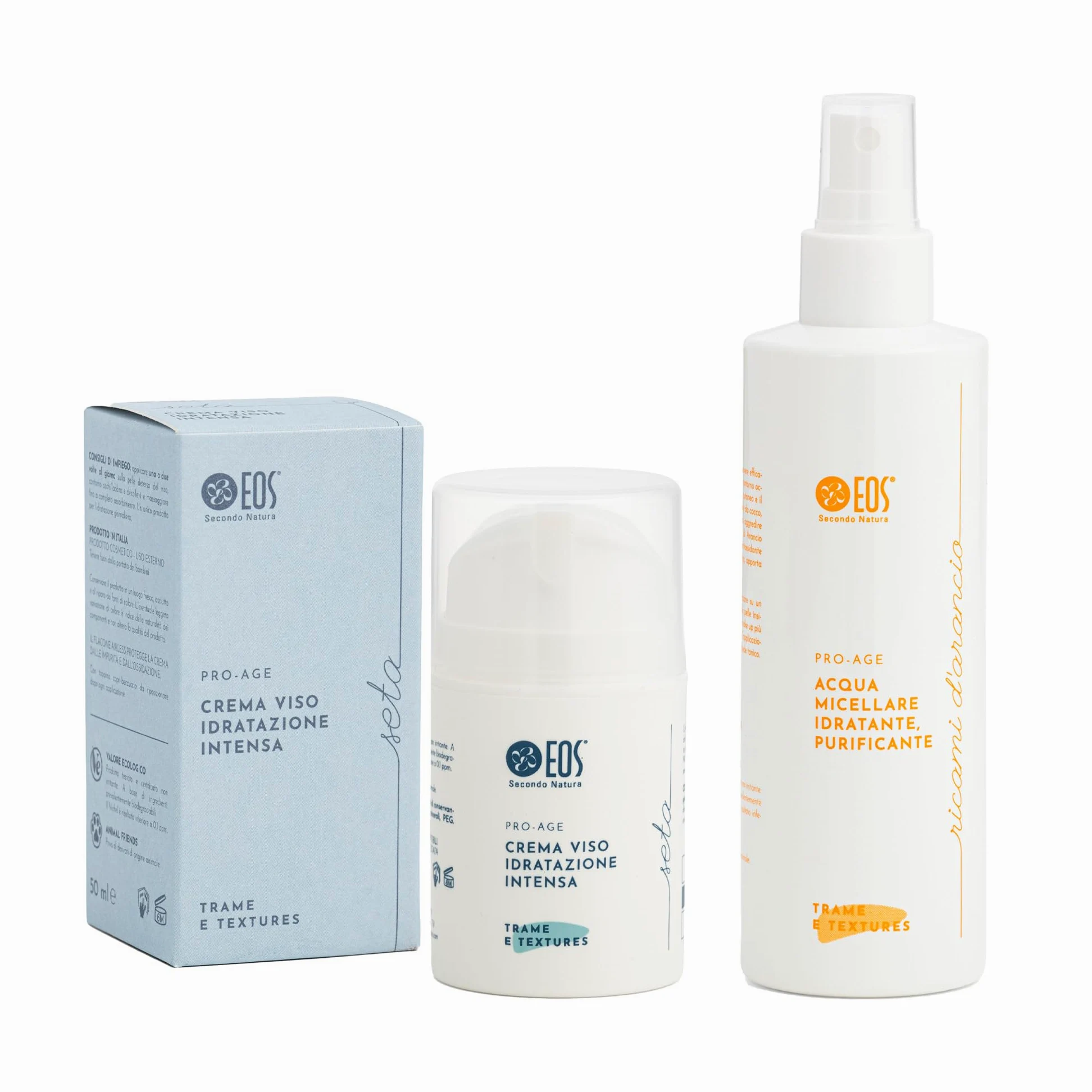 EOS NATURA Kit Skincare Idratante Viso e Décolleté – Acqua Micellare Delicata 200 ml + Seta Crema Idratazione Intensa 50 ml – Skincare Viso Naturale Anti-Age, Contorno Occhi e Prime Rughe – Pro-Age