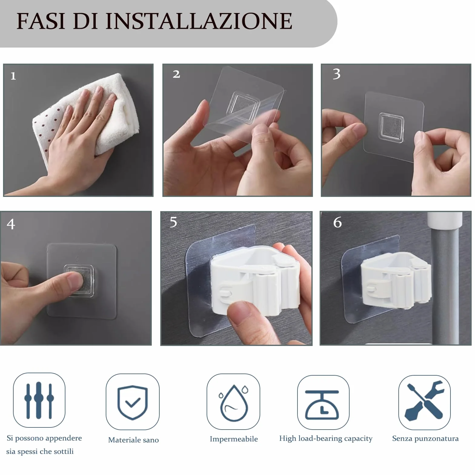 Porta Scope Parete 8 Pezzi, Autoadesivo Appendi Scope a Muro, ABS Portascope da Muro Regolabile