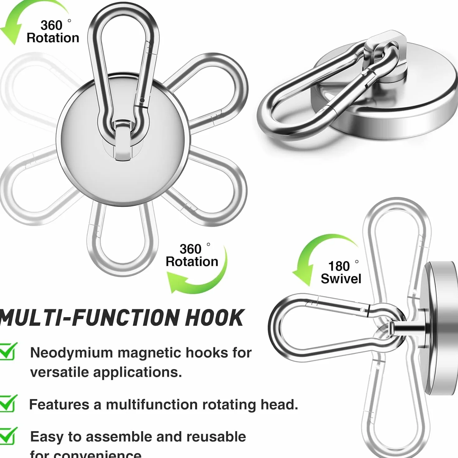 Calamite Neodimio 30KG 4 Pezzi Ganci Magnetici 32mm Ruotabili 360° per Frigorifero Cucina Garage