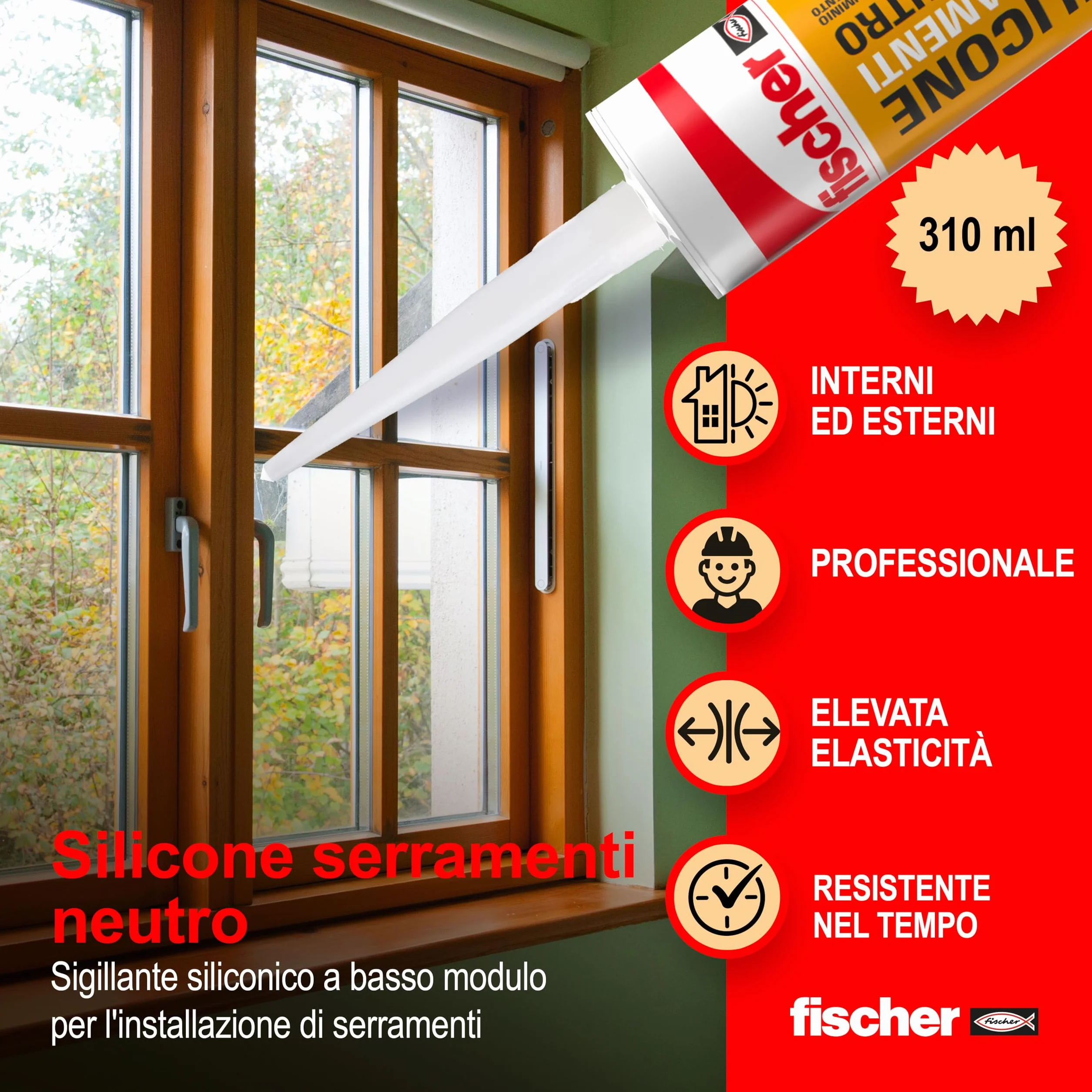 Fischer SNF Silicone Sigillante Legno Beige Avorio, Neutro a Basso Modulo, Elastico, per Pavimenti e Finestre, Esterno/Interno