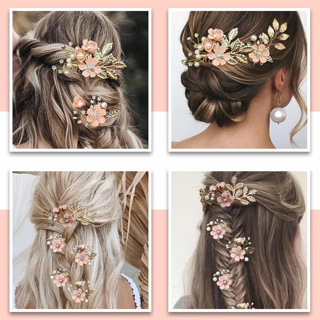 Set di 4 Fermagli Capelli Sposa, Pettine per Capelli da Sposa con Perle,Accessori Capelli Sposa con Strass Rosa,per Accessori per Capelli da Sposa Fascia da Sposa