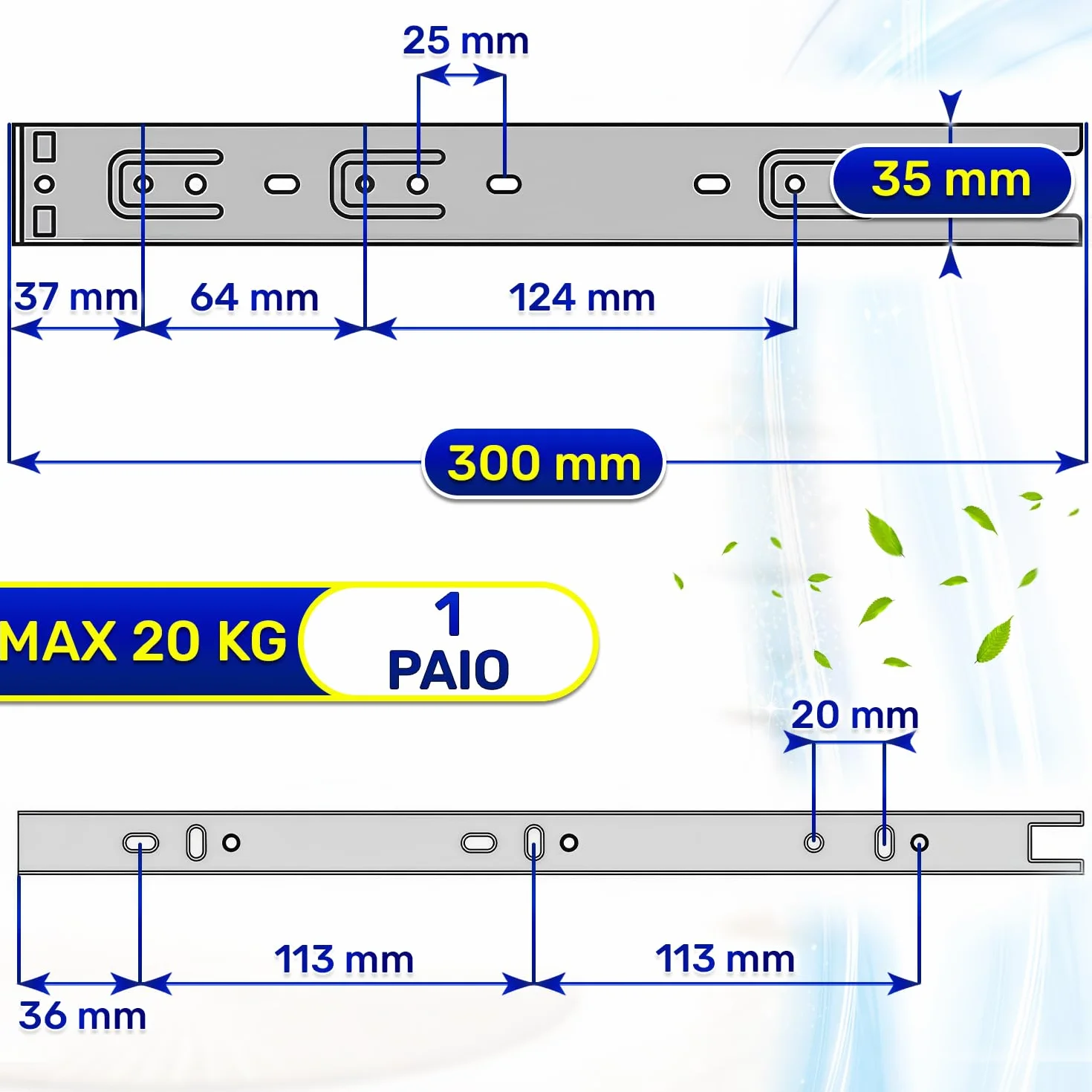 Coppia Guide per Cassetti Telescopiche 300 mm x 35 mm Acciaio Zincato MONTERAL