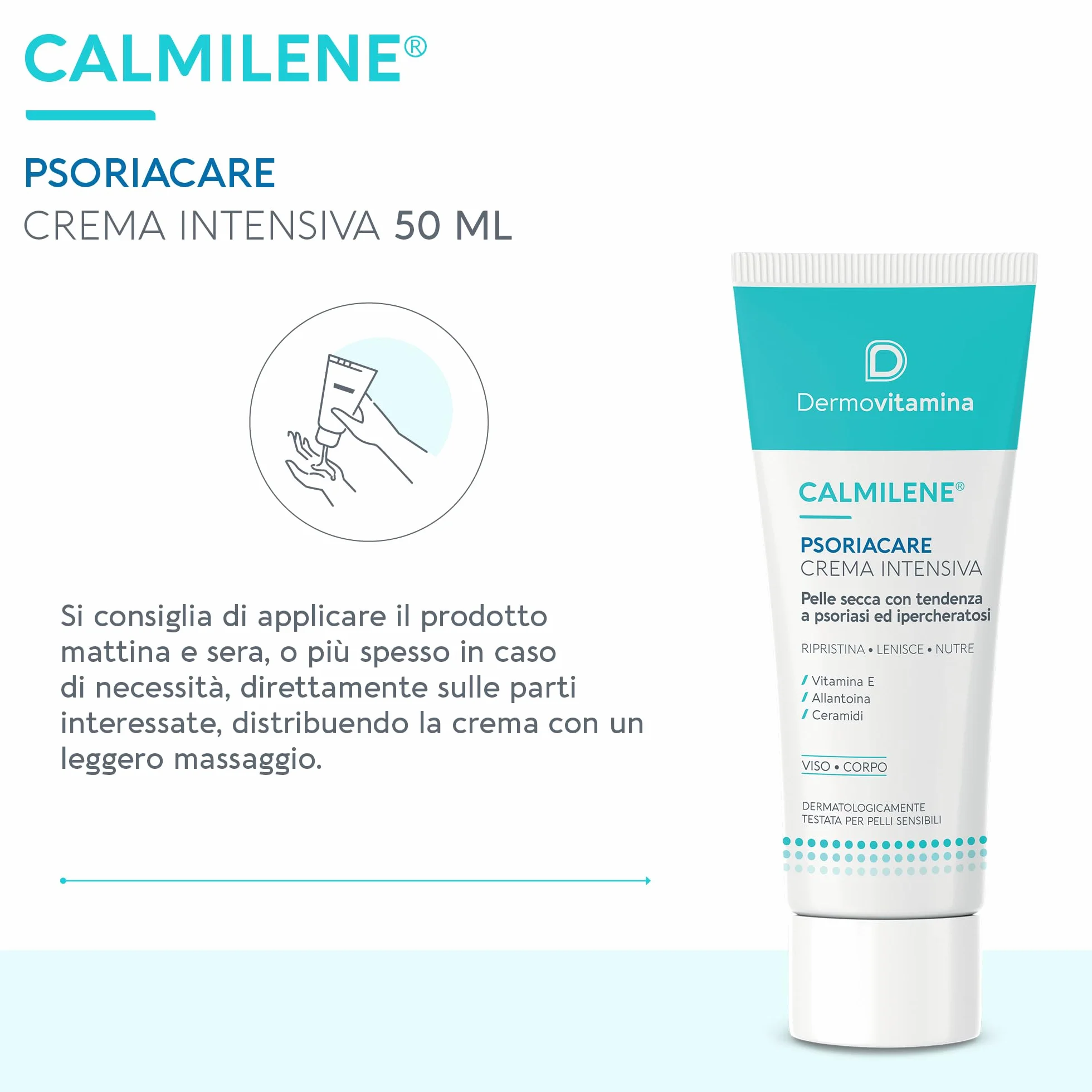 Dermovitamina Calmilene Psoriacare Crema Intensiva - Con Vitamina E e Ceramidi - Per la Pelle con Prurito, Arrossamento e Disquamazione - Con tendenza a Psoriasi e Ipercheratosi Cutanea - 50 ml