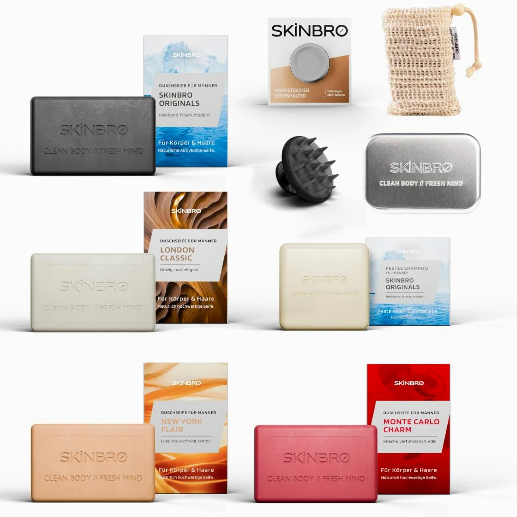 SKINBRO® Set di sapone doccia da uomo e shampoo solido, sapone naturale estivo da uomo | Sapone rinfrescante, ciliegia, legnoso, lussuoso, potente e rinfrescante, da uomo, con porta sapone, spazzola e barattolo