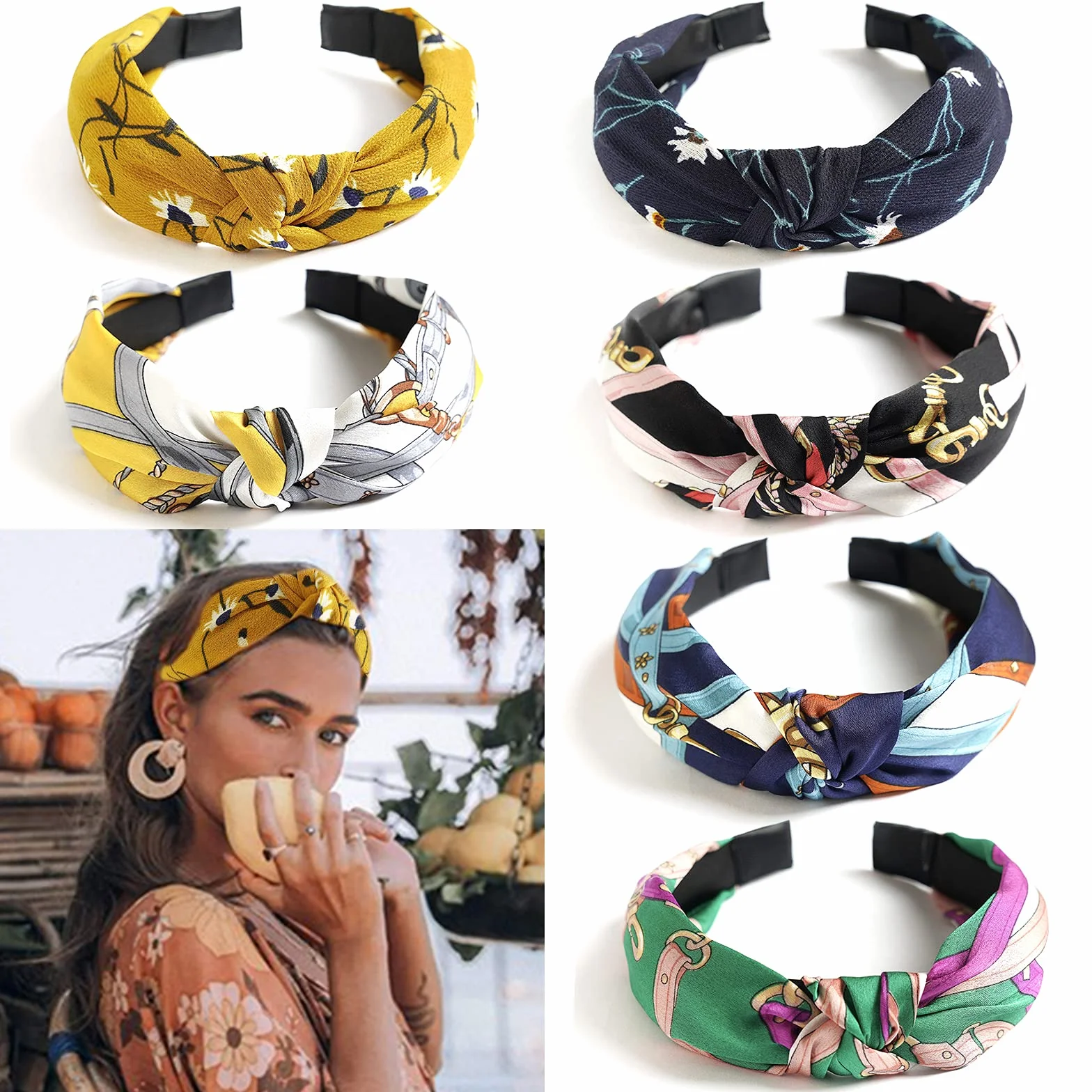 6 Pezzi Cerchietti per Capelli Donna, VEGCOO Fasce Per Capelli Vintage Boho - Elastic Floral Print Fascia per Capelli Accessori per Ragazza Donna