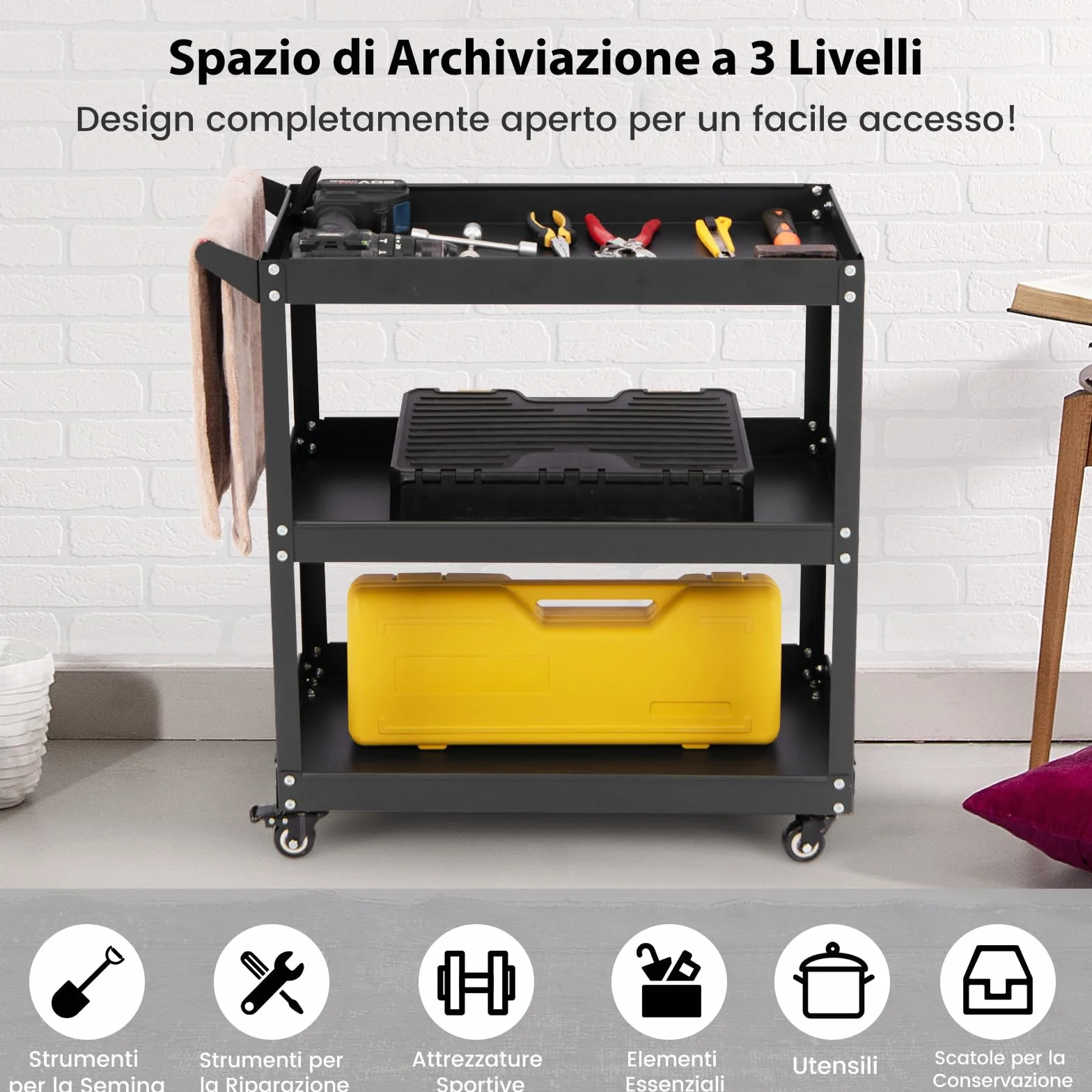 GYMAX Carrello Multiuso Robusto a 3 Ripiani con Maniglia Comoda, Ruote Bloccabili per Magazzino, Garage, Cucina, Officina (Nero)
