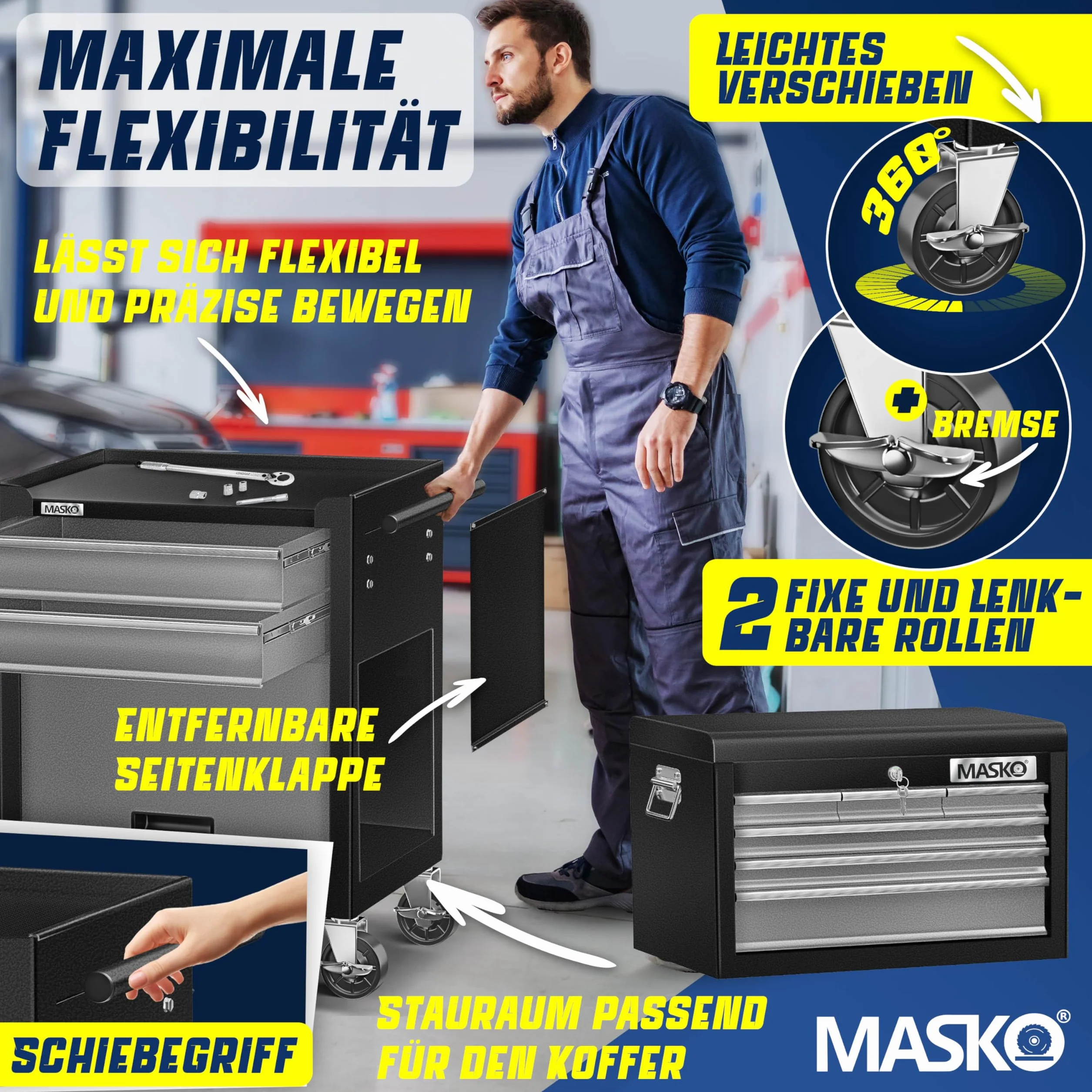 MASKO Carrello da officina con valigetta 9 scomparti chiudibili metallo massiccio portautensili portatile con serratura Nero