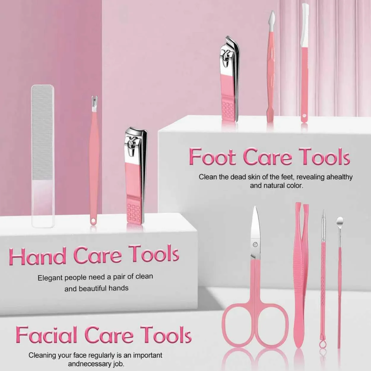 Andrea Set per manicure, 10 pezzi, kit professionale per unghie in acciaio inossidabile, kit portatile per manicure e pedicure, kit per la cura delle unghie (rosa)