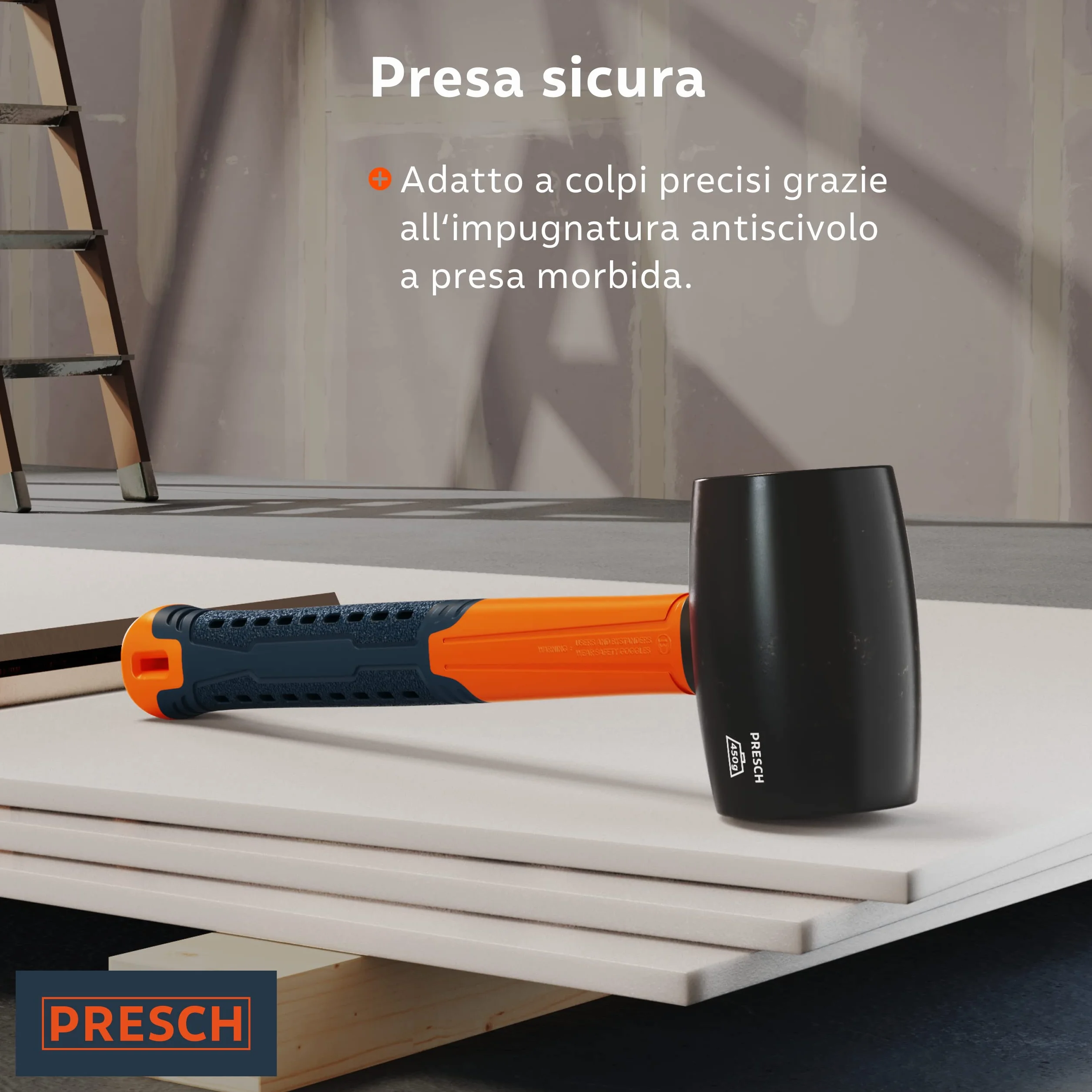 Presch Martello di gomma 450 g Mazza con manico in fibra di vetro ⌀ 55 mm Testa in materiale naturale per esterni