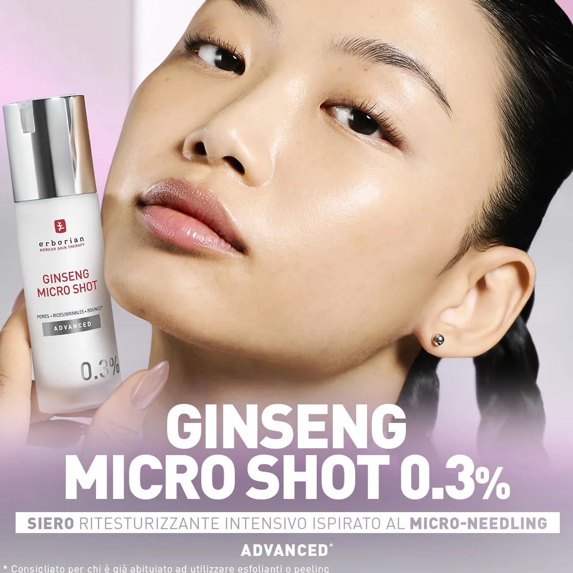 Erborian - Ginseng Micro Shot - Advanced 0.3% - Siero Viso Intensivo ispirato al Micro-Needling - Con Ginseng e Collagene per Rughe e Pori Affinati - Cura Coreana - 10ml