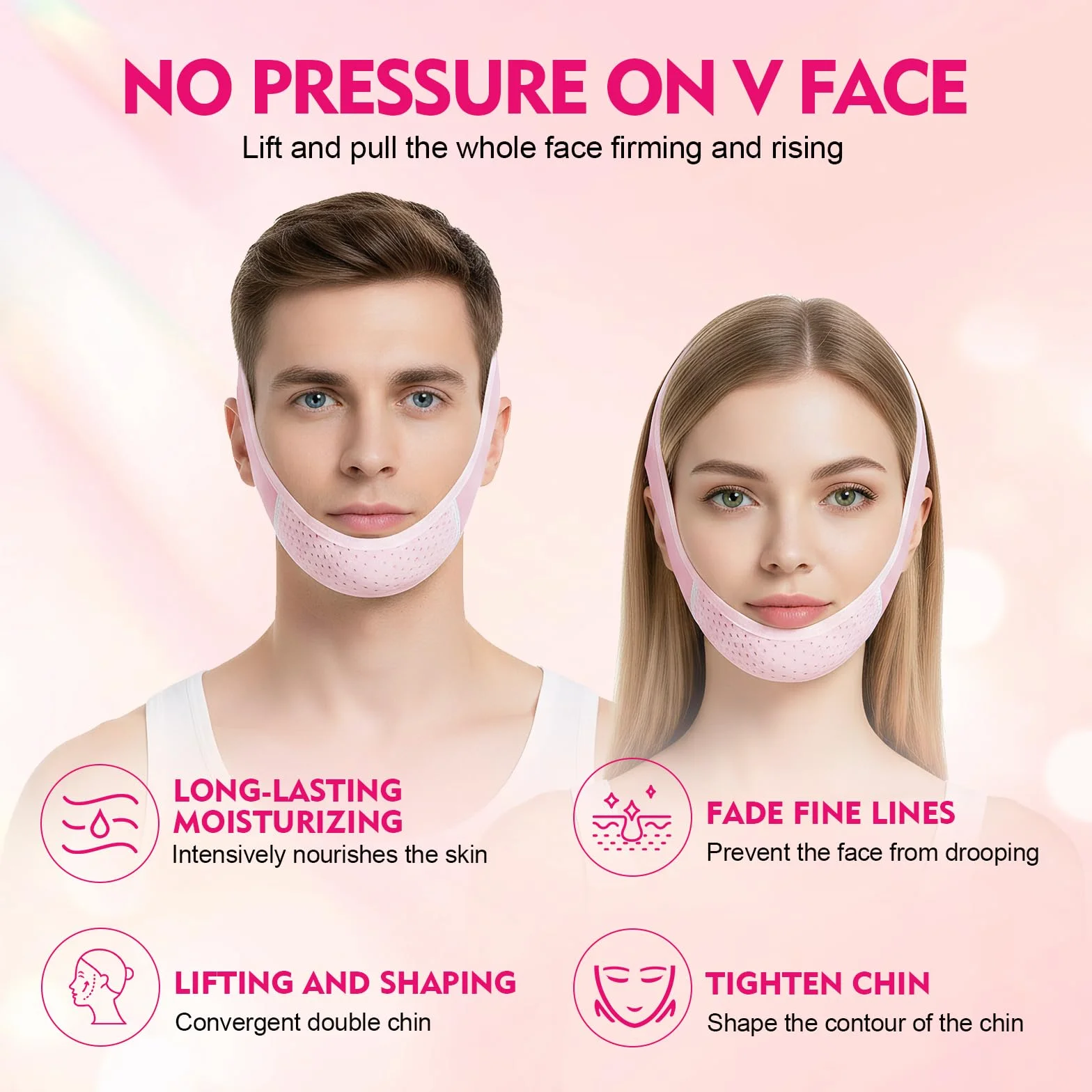 Maschera V Facciale Riutilizzabile,Fascia Lifting Mentoniera Antirughe,Riduttore Doppio Mento con Effetto Snellente Viso,Fascia Reggente per Rassodare il Contorno Viso e Mento,Pink
