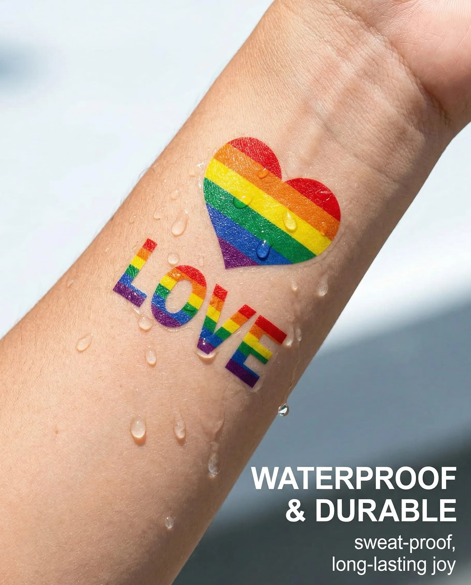 Tatuaggi Temporanei Arcobaleno 10 Fogli | Pride Impermeabili Lunga Durata per Parate, Festival, Feste LGBT | Viso, Corpo, Uomini, Donne, Bambini