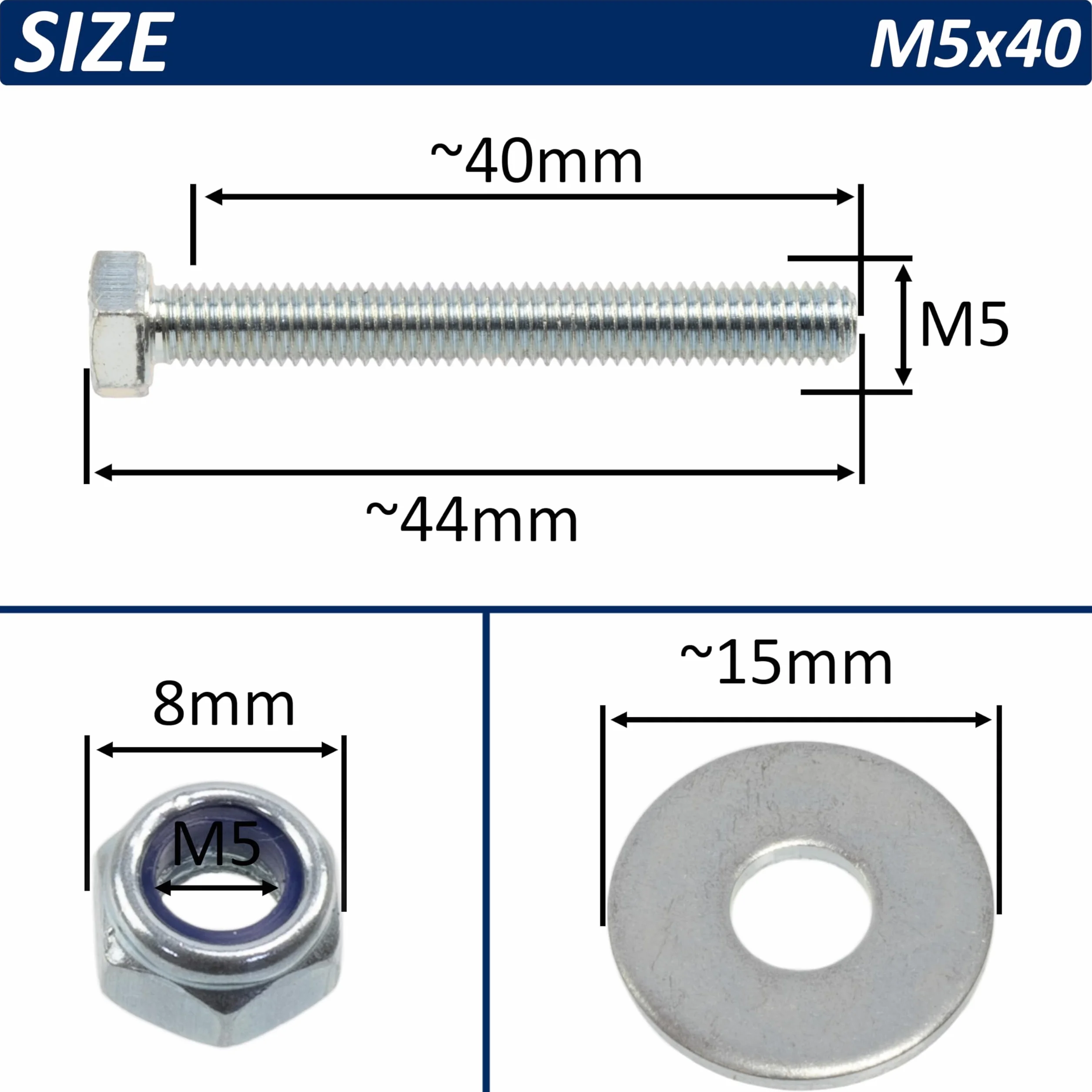 AERZETIX Set di 25 bulloni a testa esagonale M5x40 mm + 50 rondelle larghe + 25 dadi esagonali autobloccanti M5 in acciaio