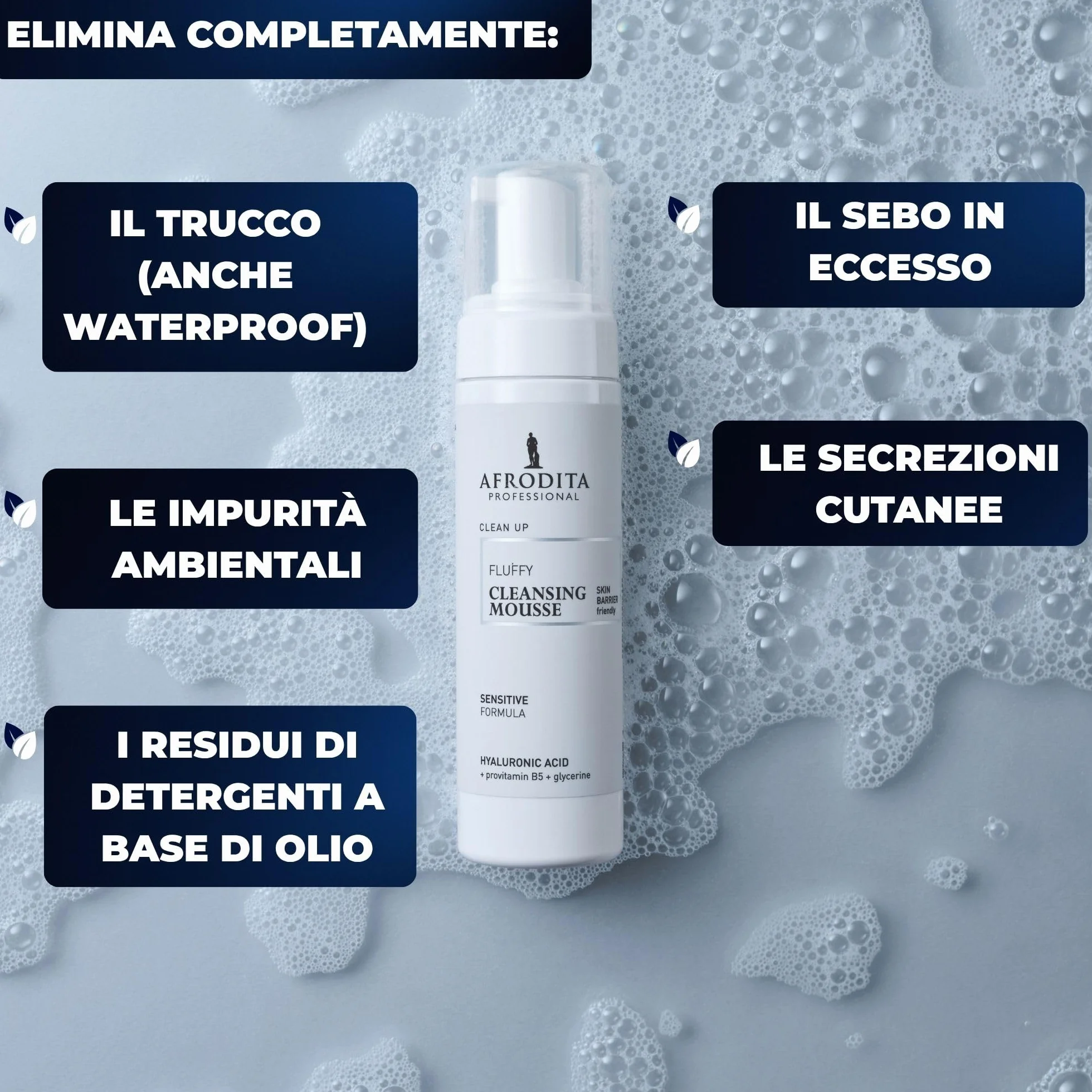 Afrodita Professional Clean Up Fluffy Cleansing Mousse detergente delicato viso pelle sensibile con acido ialuronico e provitamina B5, vegano, 200 ml