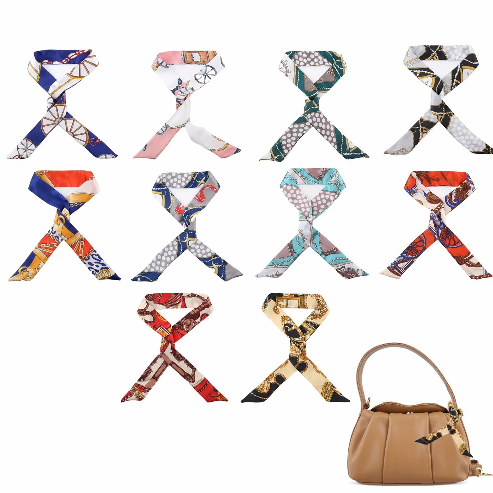foulard da borsa donna 10 pezzi sciarpa raso seta elegante 90x4 cm accessori moda per capelli collo borsa regalo fashion