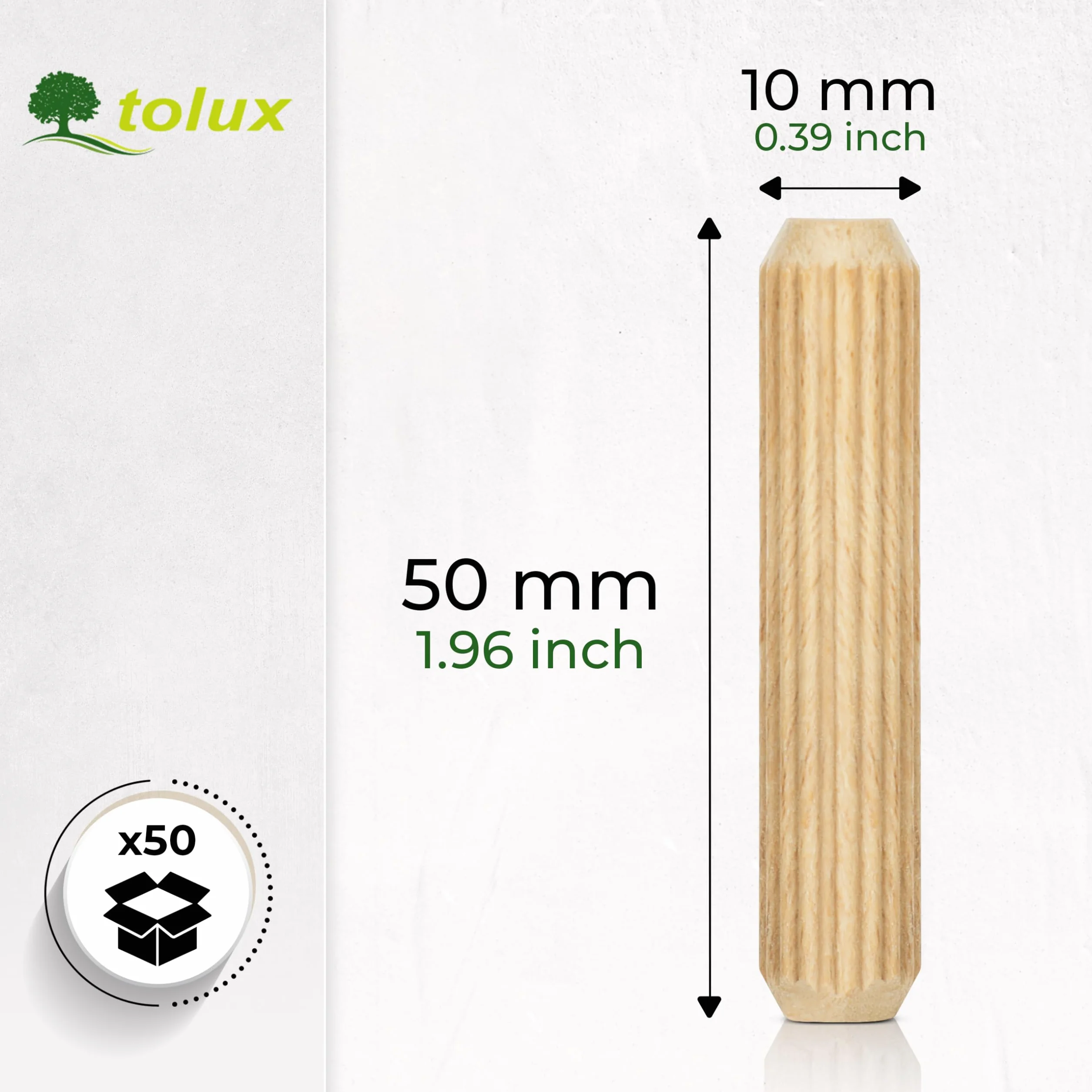 Tolux Tasselli di legno 10x50 mm Confezione da 50 pezzi Spine in legno zigrinate DIN 68150