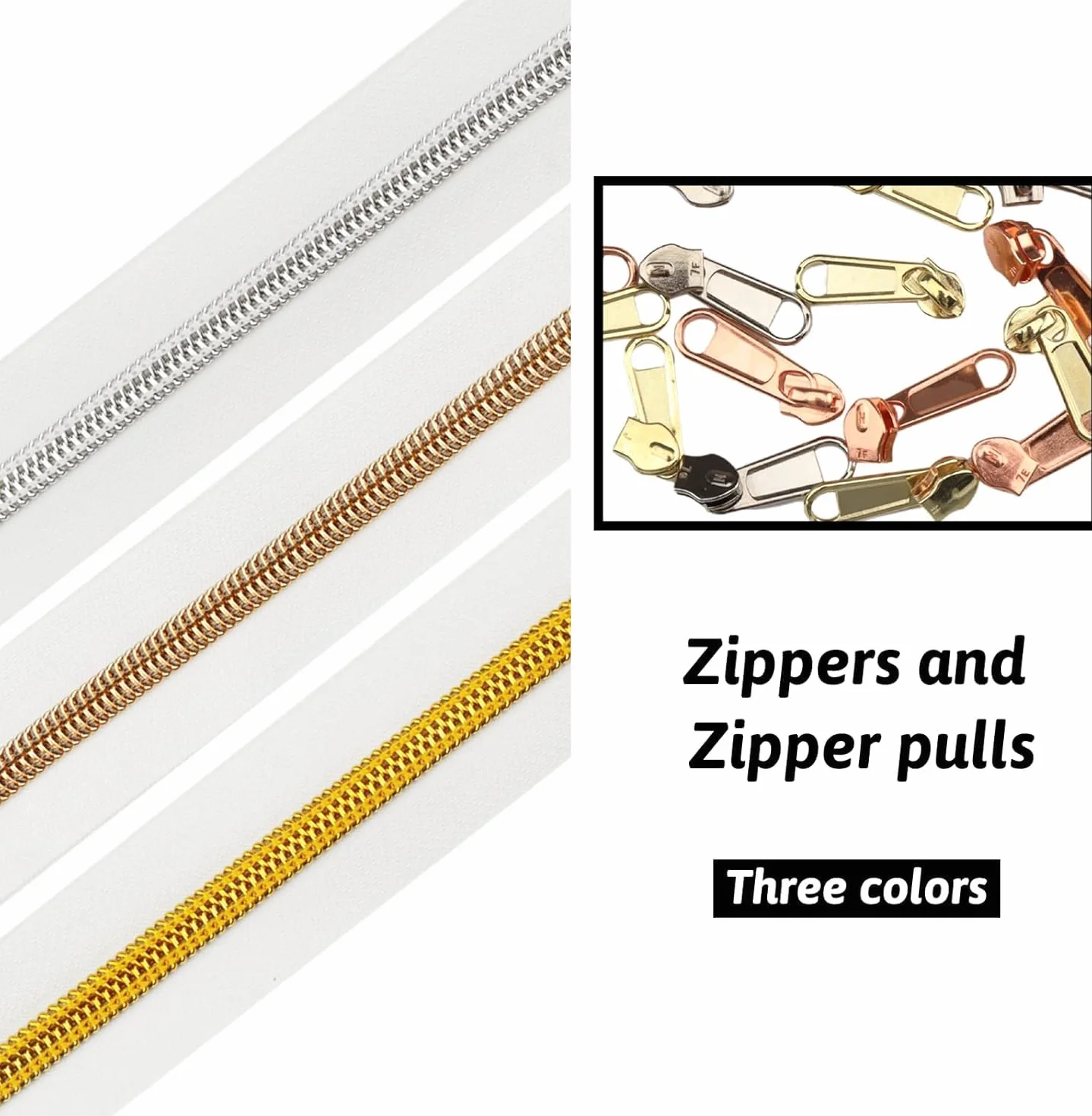 DOITEM Cerniera Senza Fine 15m Bianco Spirale 6mm + 30 Cerniere non Bloccabili Oro Argento Oro Rosa