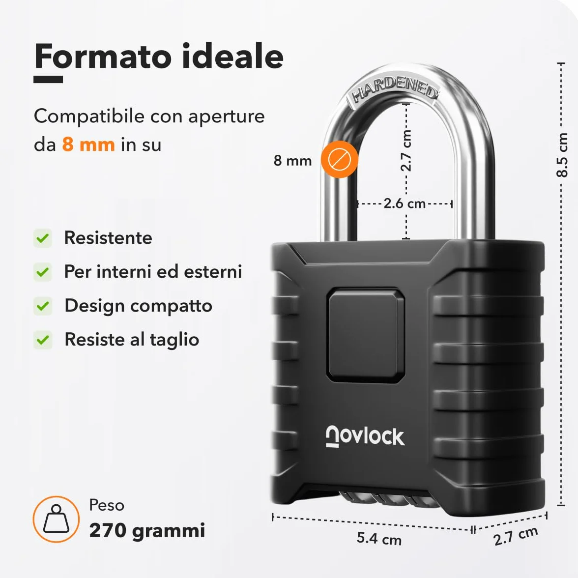 Lucchetto a combinazione 8 mm, robusto e resistente alle intemperie, per esterni e interni, nero