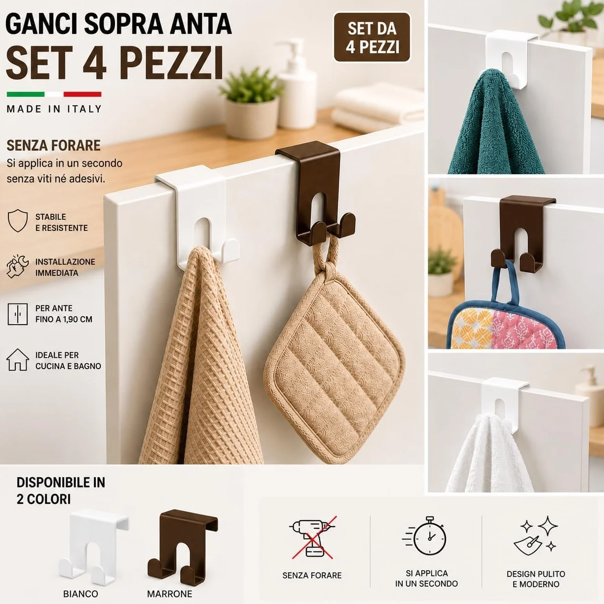 Ganci Sopra Anta Set 4 Pezzi – Gancio Senza Forare per Cucina Bagno – Porta Strofinacci Asciugamani – Ante fino 1,9 cm – Made in Italy BIANCO