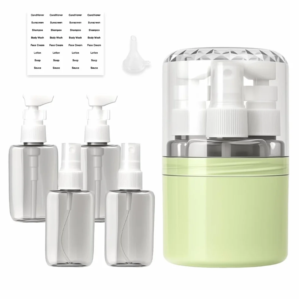Set di bottiglie da viaggio 4 in 1, 50 ml, 2 testine spray e 2 testine per lozione, a prova di perdite, con etichette, accessori da viaggio per aereo, bagaglio a mano, ufficio, impermeabile e stabile