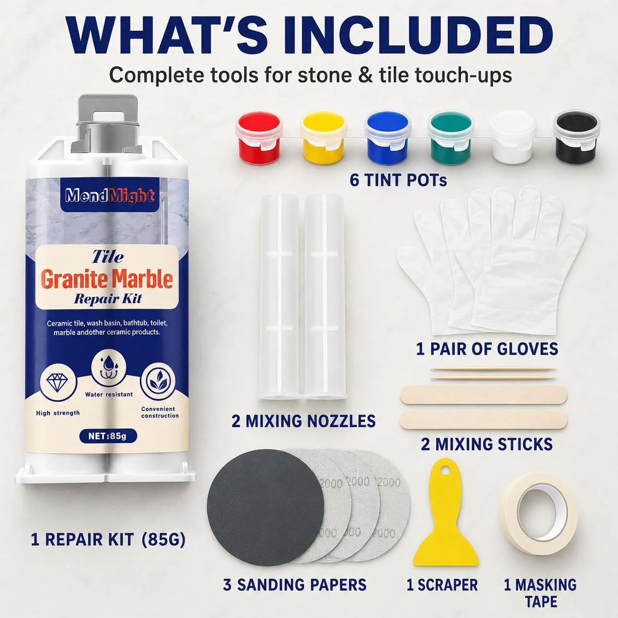 Kit Riparazione Piastrelle, Colla per Ceramica, Stucco per Piastrelle per Scheggiature, Crepe, Graffi su Granito, Marmo, Quarzo