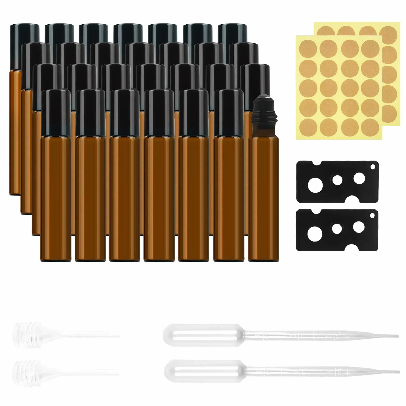 28 pezzi Roll on bottiglia vuota da 10 ml, con 40 adesivi per etichette, 2 pipette, 2 contagocce pastorizzate, 2 aperture, oli essenziali, bottiglie marroni