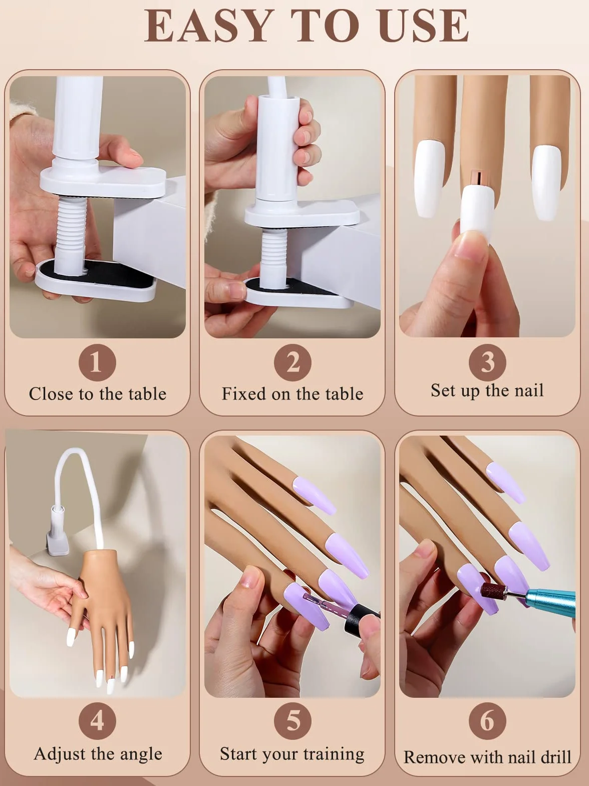 Mano Finta per Ricostruzione Unghie: Silicone Mano Pratica Con 200 Pezzi Tip Unghie Finte - Professionale Flessibili Regolabili Mano Finta per Unghie (Marrone)