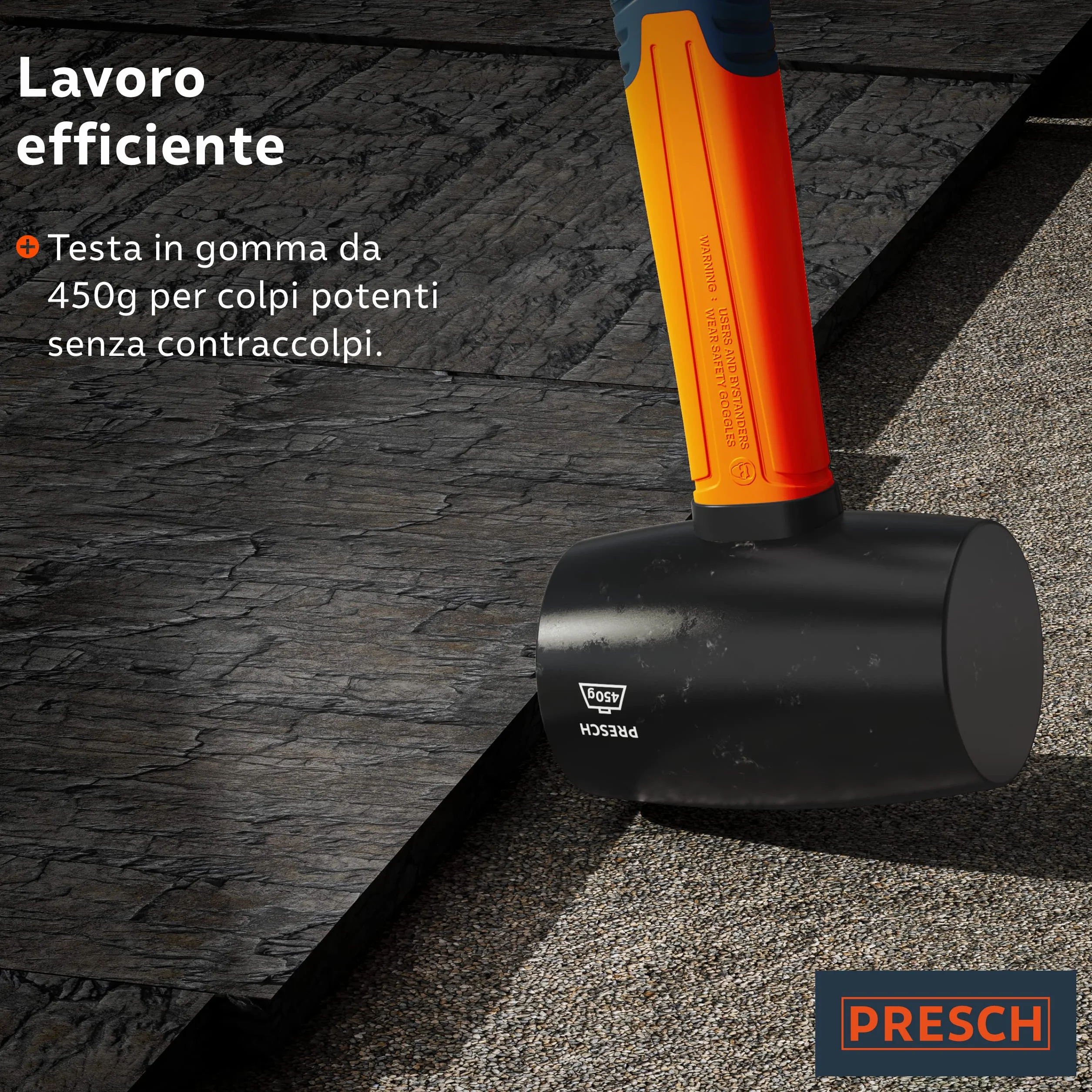 Presch Martello di gomma 450 g Mazza con manico in fibra di vetro ⌀ 55 mm Testa in materiale naturale per esterni