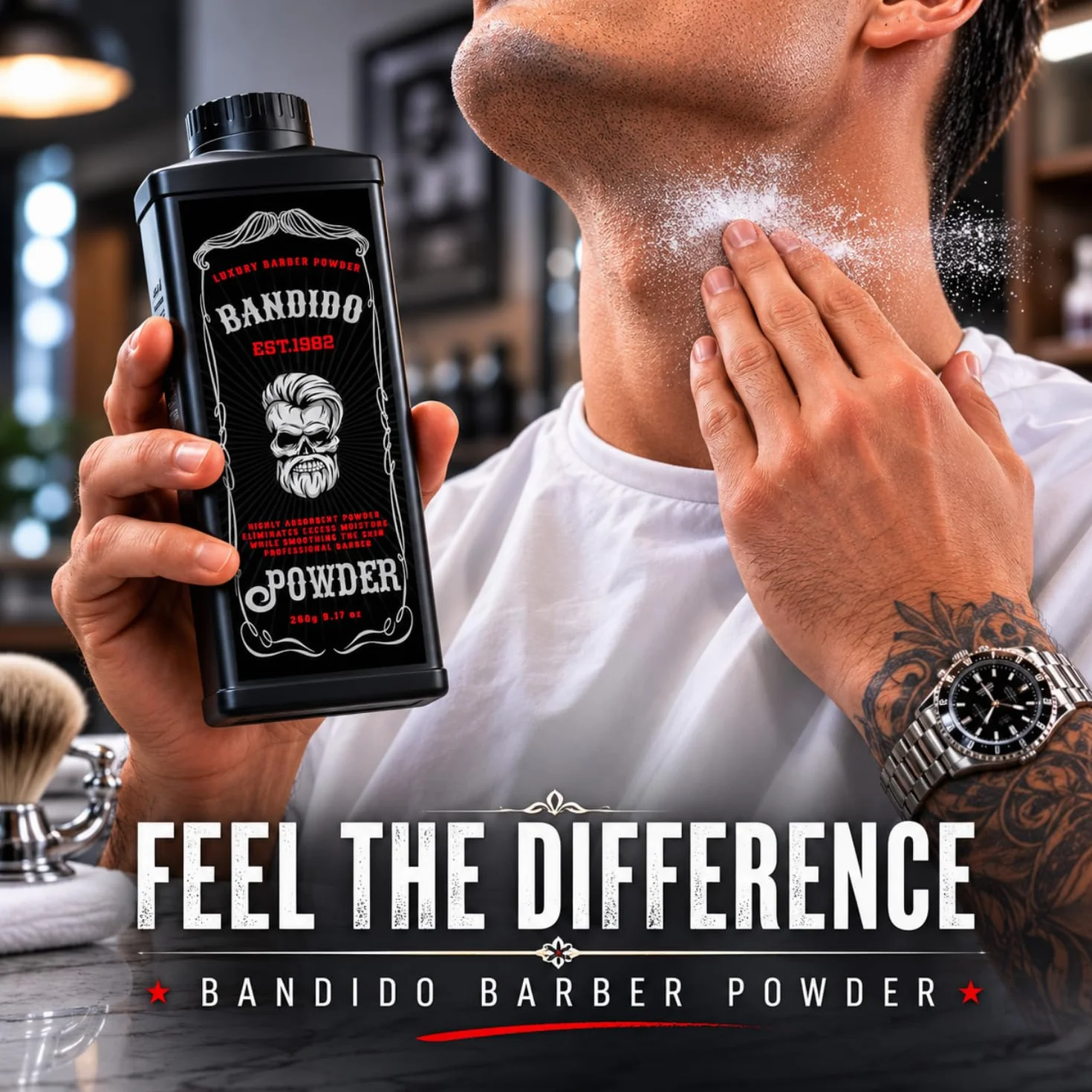 Bandido Barber Talc Powder 260 gr | Barbiere Talco Polvere | Kuaför Talk Pudrasi | Rimuove le irritazioni e i graffi del corpo | Rasatura da uomo | Forniture da parrucchiere – Dispenser richiudibile
