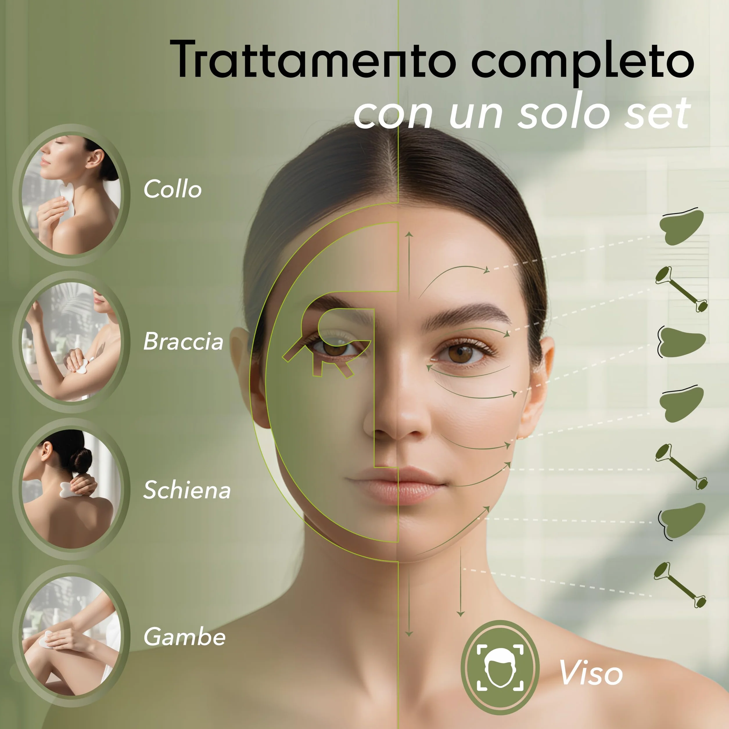 Gua Sha Viso e Rullo di Giada – Pietra Naturale per Massaggio Viso Lifting, Rullo Viso Quarzo Rosa Anti Gonfiore, Strumento Beauty Tool Relax