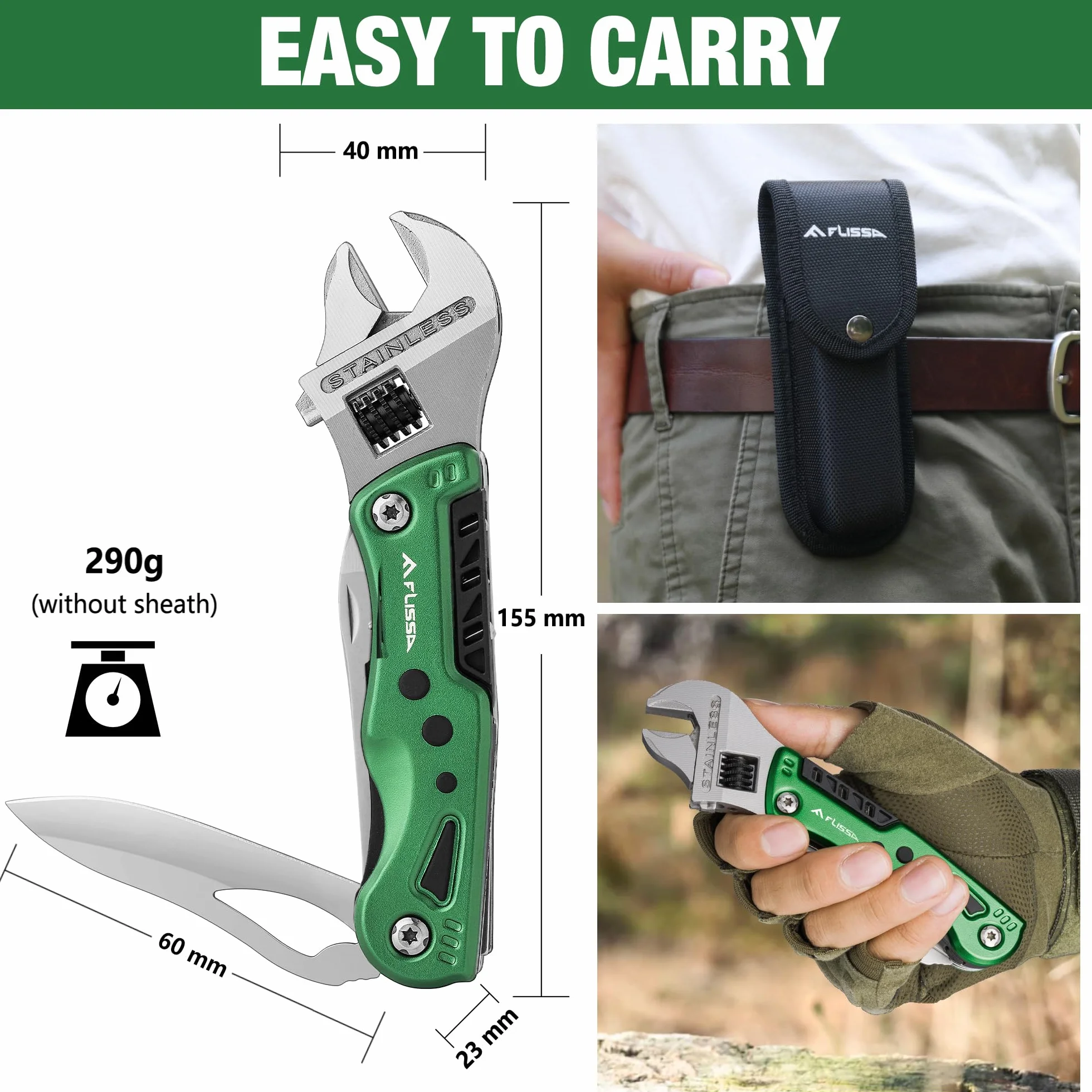 FLISSA Multitool 13 in 1 Chiave Multiutensile Regolabile con Borsa per Riparazioni Auto e Domestiche Verde