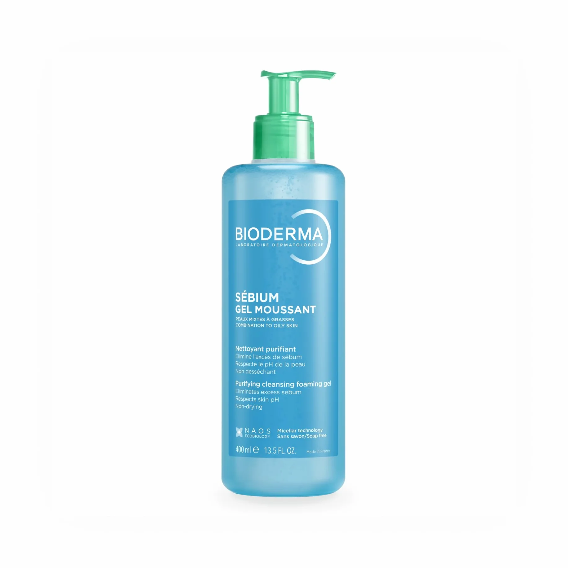 BIODERMA Sebium Gel schiumogeno – Detergente purificante delicato – Rimuove sebo in eccesso e impurità – Pelle mista a grassa – prescritta dai dermatologi – Flacone pompa 400 ml