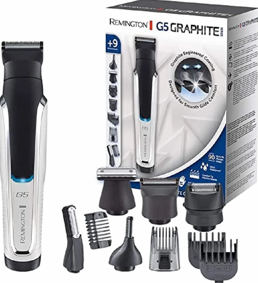 Remington Rasoio Elettrico Multiuso - Rifinitore per il corpo, Regolabarba, Tagliacapelli, Taglia peli naso e orecchie - 9 testine-pettini, al Litio, Regolabarba, Multigroomer, PG5000