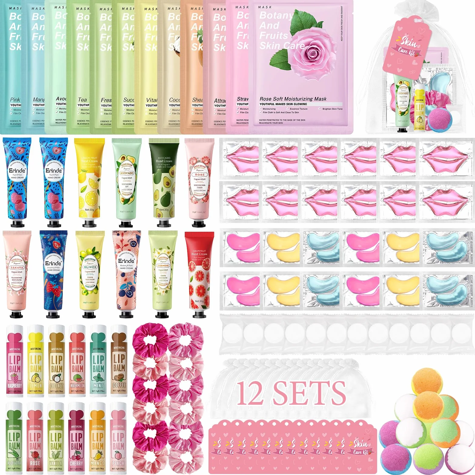 Erinde Set Spa Party da 120 Pezzi per Ragazze, Idee Regalo Donna, Accessori Spa con Maschere Viso per la Cura della Pelle, Crema Mani, Balsamo Labbra e Maschera Labbra, Set Regalo per Donne