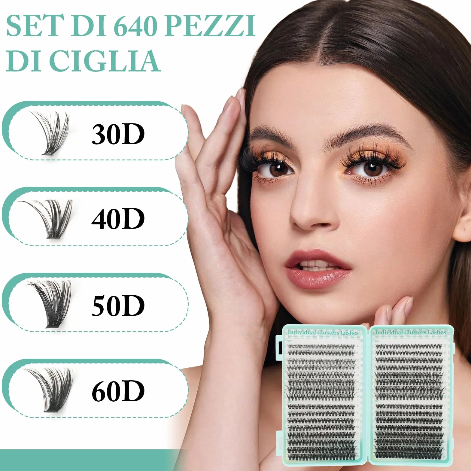 VEGCOO 640 Pezzi Ciglia Finte Extension Ciglia, 30D-40D-50D-60D Curl Ciglia Finte Ciuffetti, 8-16mm Kit di Extension per Ciglia, DIY Eyelash Extension per Donne Principianti,Confezione regalo verde