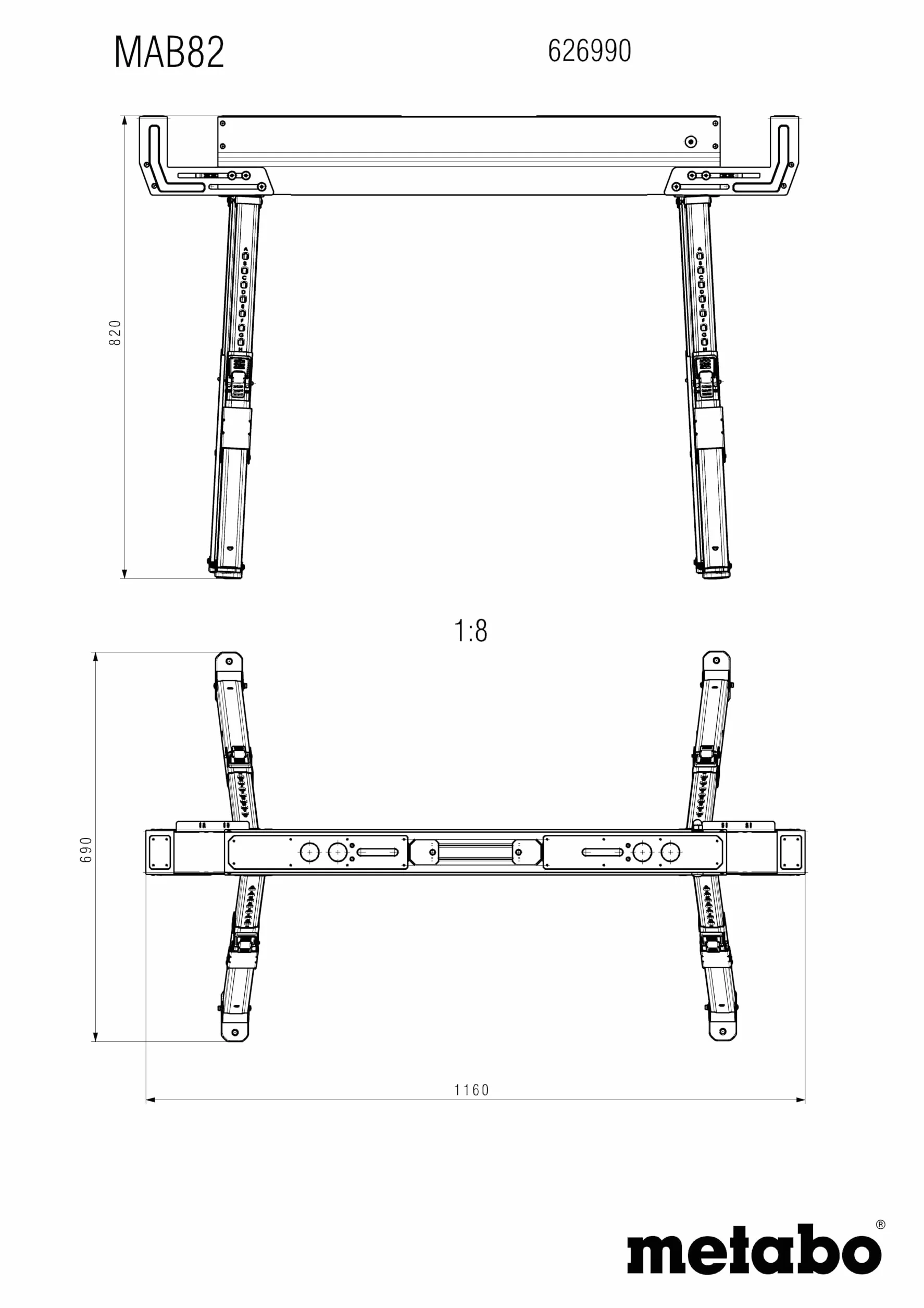 Metabo MAB 82 Cavalletto da lavoro compatto pieghevole con maniglia trasporto gambe regolabili superficie zincata