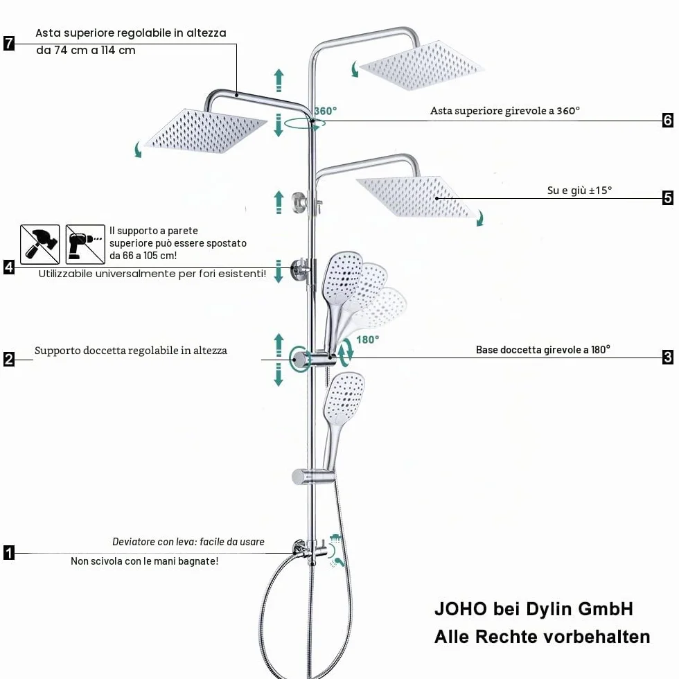 JOHO Colonna Doccia in Acciaio INOX Termostatica Set Soffione 20x20 cm Cromo