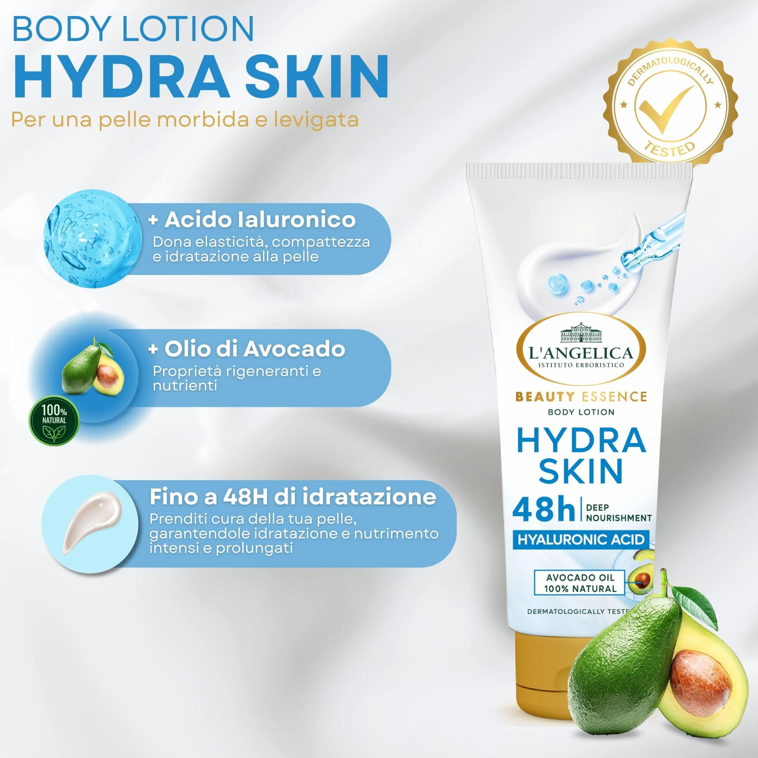 L'Angelica Beauty Essence, Body Lotion Hydra Skin, Pelle Morbida e Levigata, 48H di Idratazione, Crema Corpo Con Acido Ialuronico e Olio di Avocado 100% Naturale, Dermatologicamente Testato, 250ml