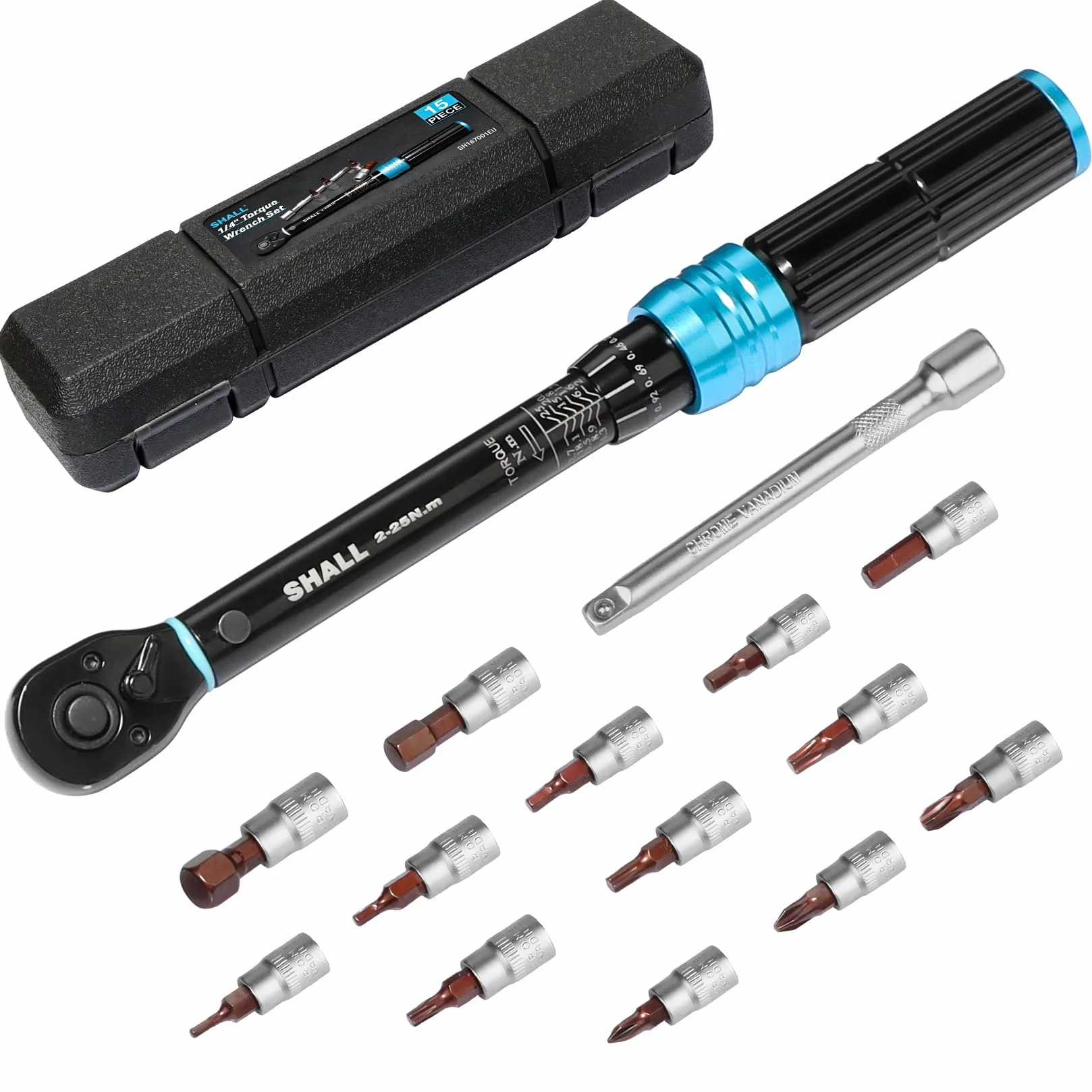 Set chiavi dinamometriche 15 pezzi 1/4" 2-25 Nm regolabile 72 denti per bici e moto