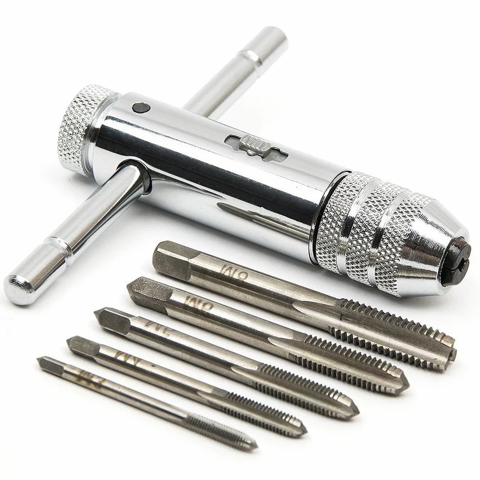 Set 5 Pezzi Maschi a Mano M3/4/5/6/8 HSS per Filettare con Giramaschi Regolabile