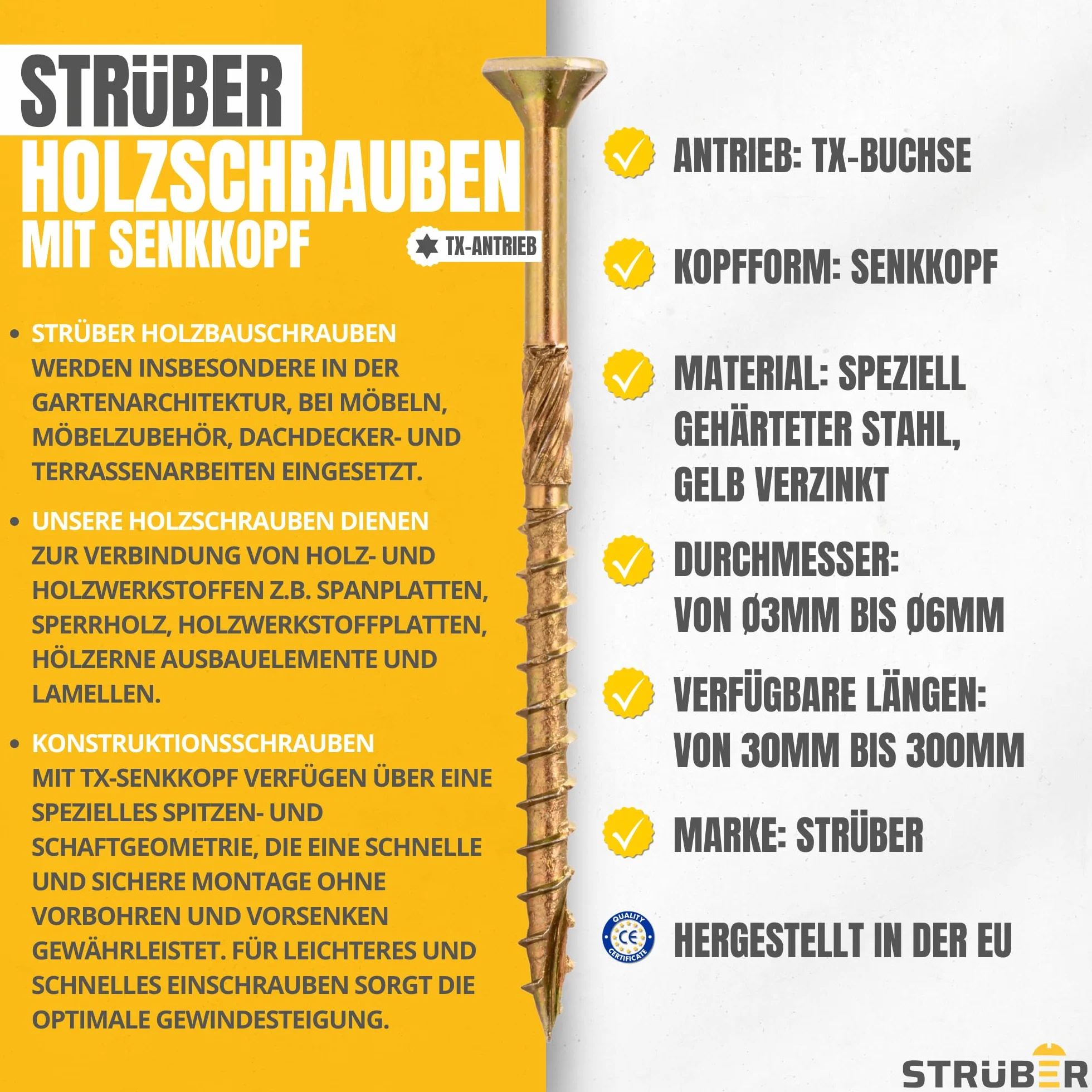 STRÜBER Viti per legno a testa svasata Torx 4x60 mm 200 pezzi Acciaio zincato giallo
