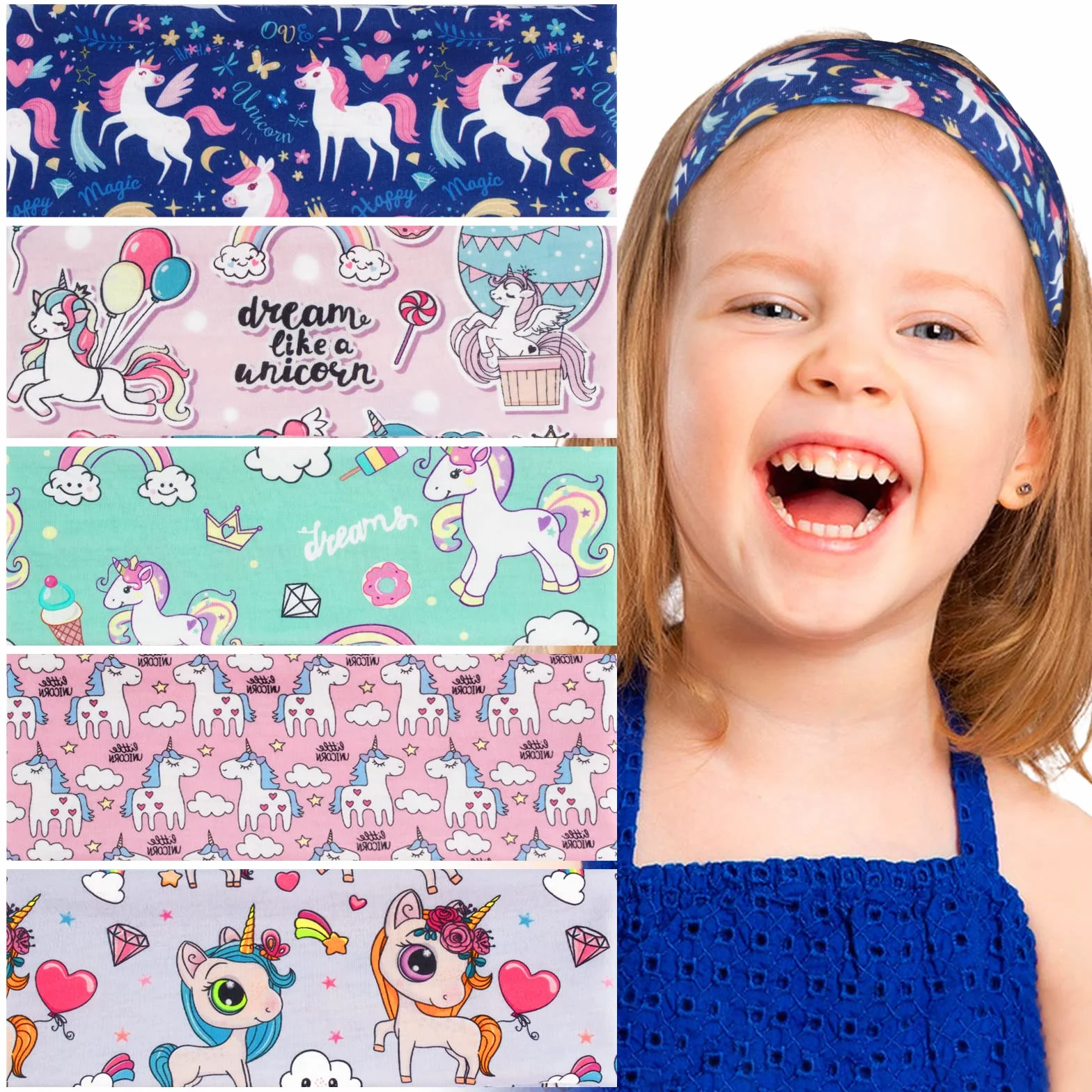 BETESSIN 5pz Fasce per Capelli Bambina Unicorno Fascia Fasce Elastiche Turbante per Decorazione Capelli Bambina Bimba 5-15 Anni