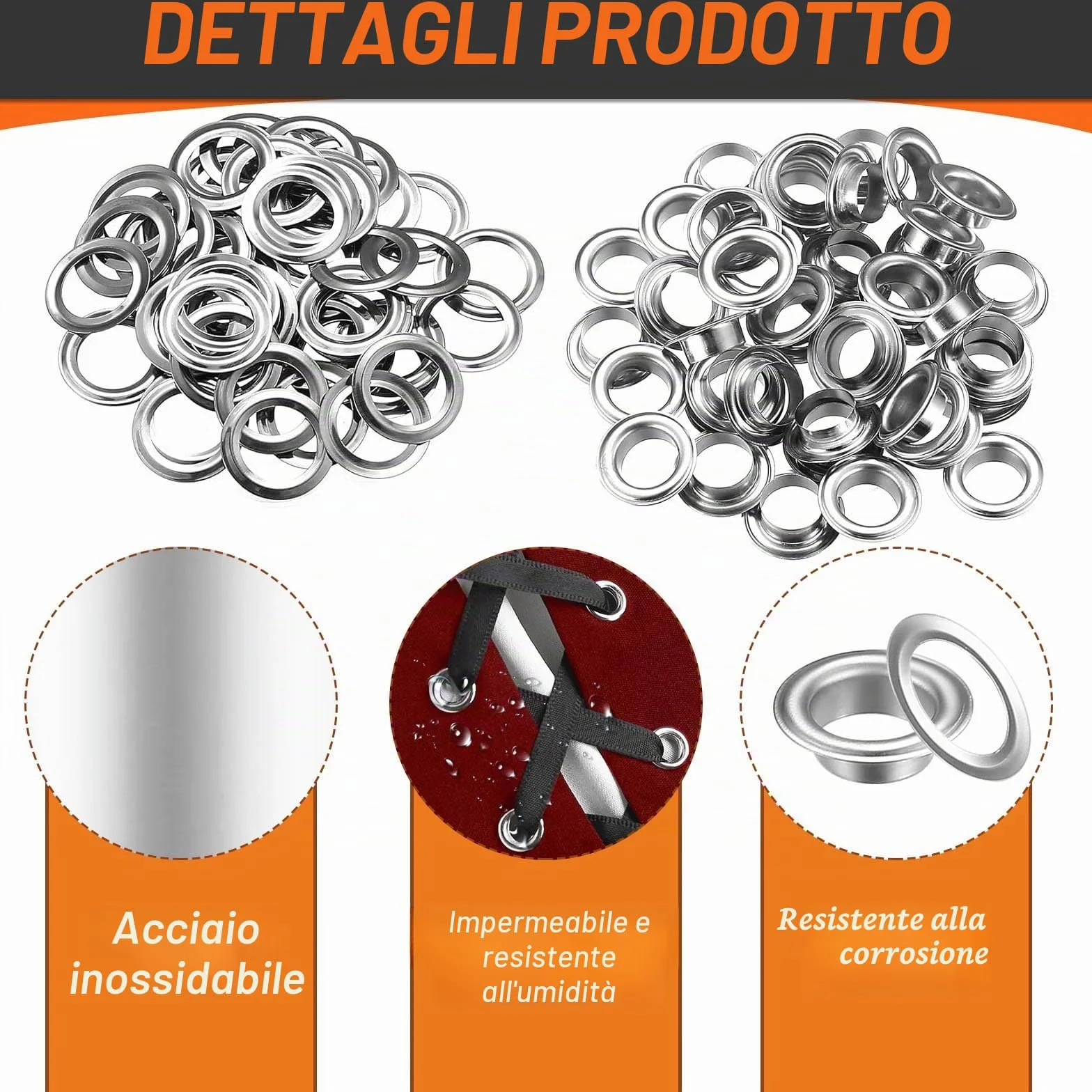 Occhielli in Acciaio Inox 10 mm 200 Pezzi Kit Pinze per Telone Abbigliamento Pelle