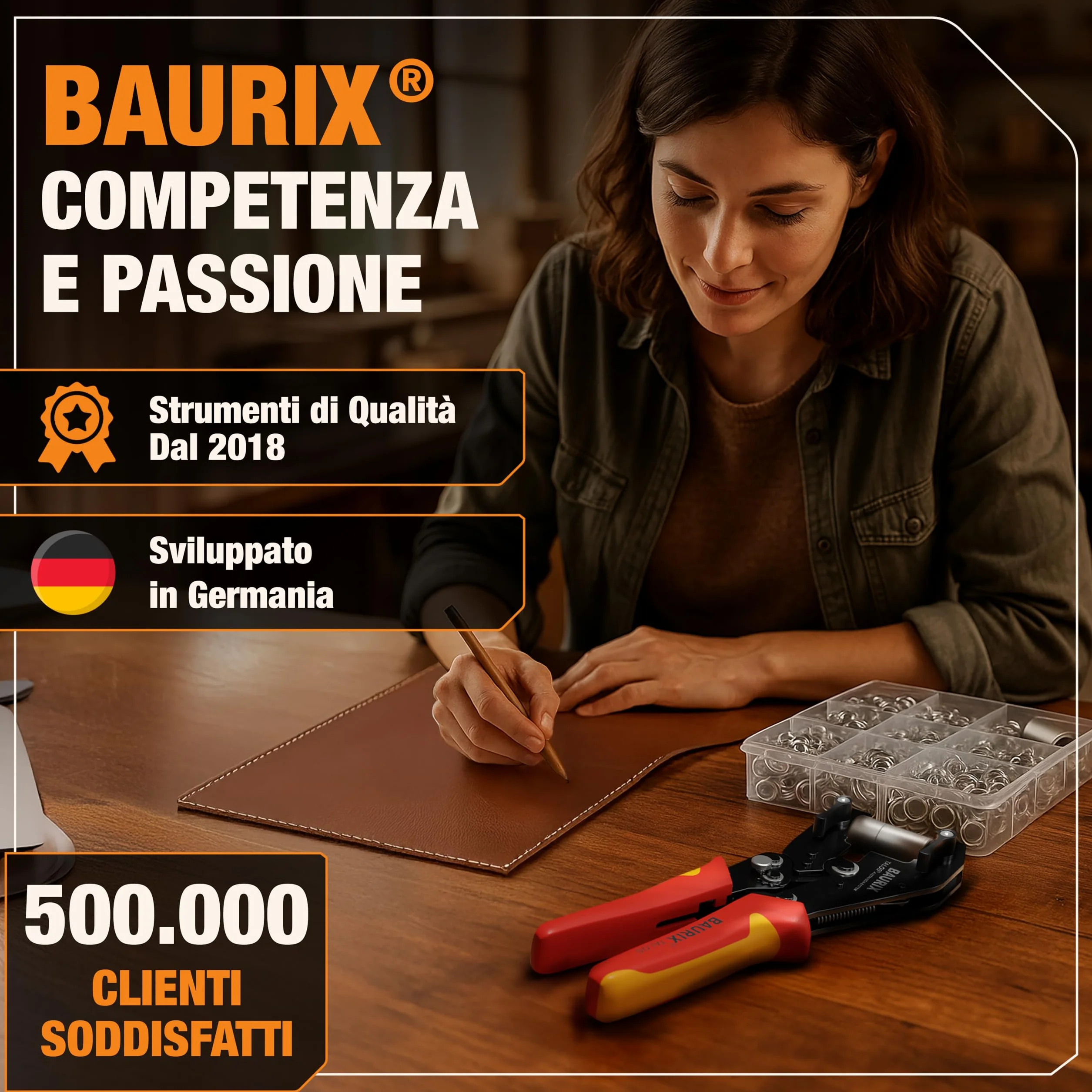 BAURIX Pinza Occhielli con 200 Occhielli Ø10 mm per Telo Stoffa Pelle Tessuti Autopunzante Senza Foro TALOS