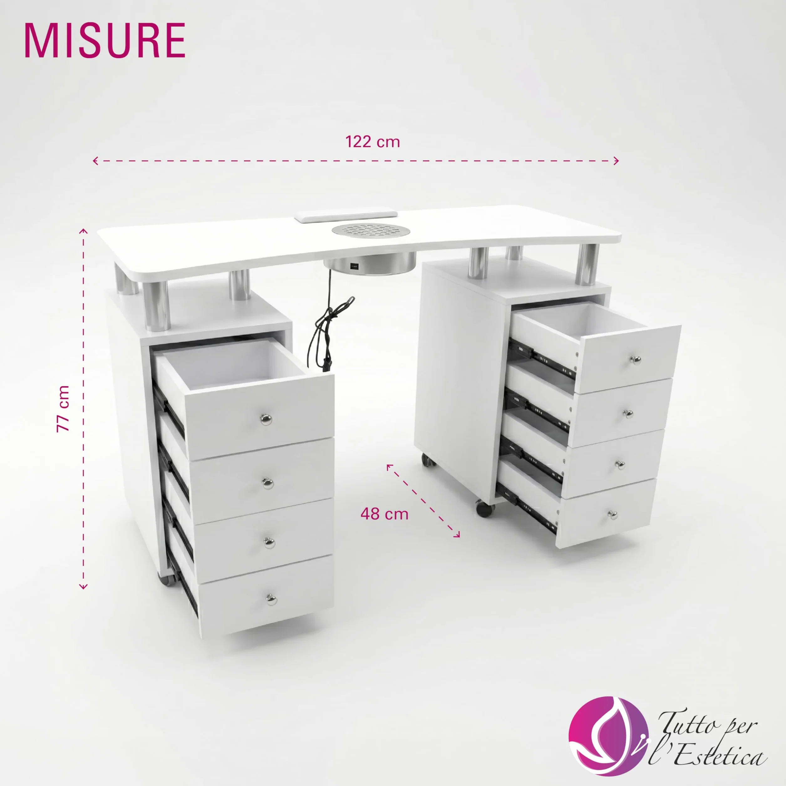 Tavolo Manicure + Aspiratore Professionale Filtro Tondo, Con 8 Cassetti – Postazione Unghie Estetista con Ruote Bloccabili, Poggiamani Incluso, Tavolo Nail Studio Robusto e Organizzato, 122x48x77 cm