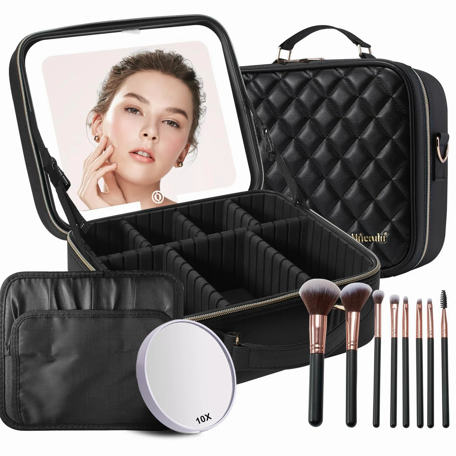 Mocado Beauty case da viaggio con specchio a LED, organizer per trucchi, con 3 impostazioni illuminate e specchio ingranditore 10x, 8 pennelli, divisori regolabili (motivo a losanga nera), Patterm a