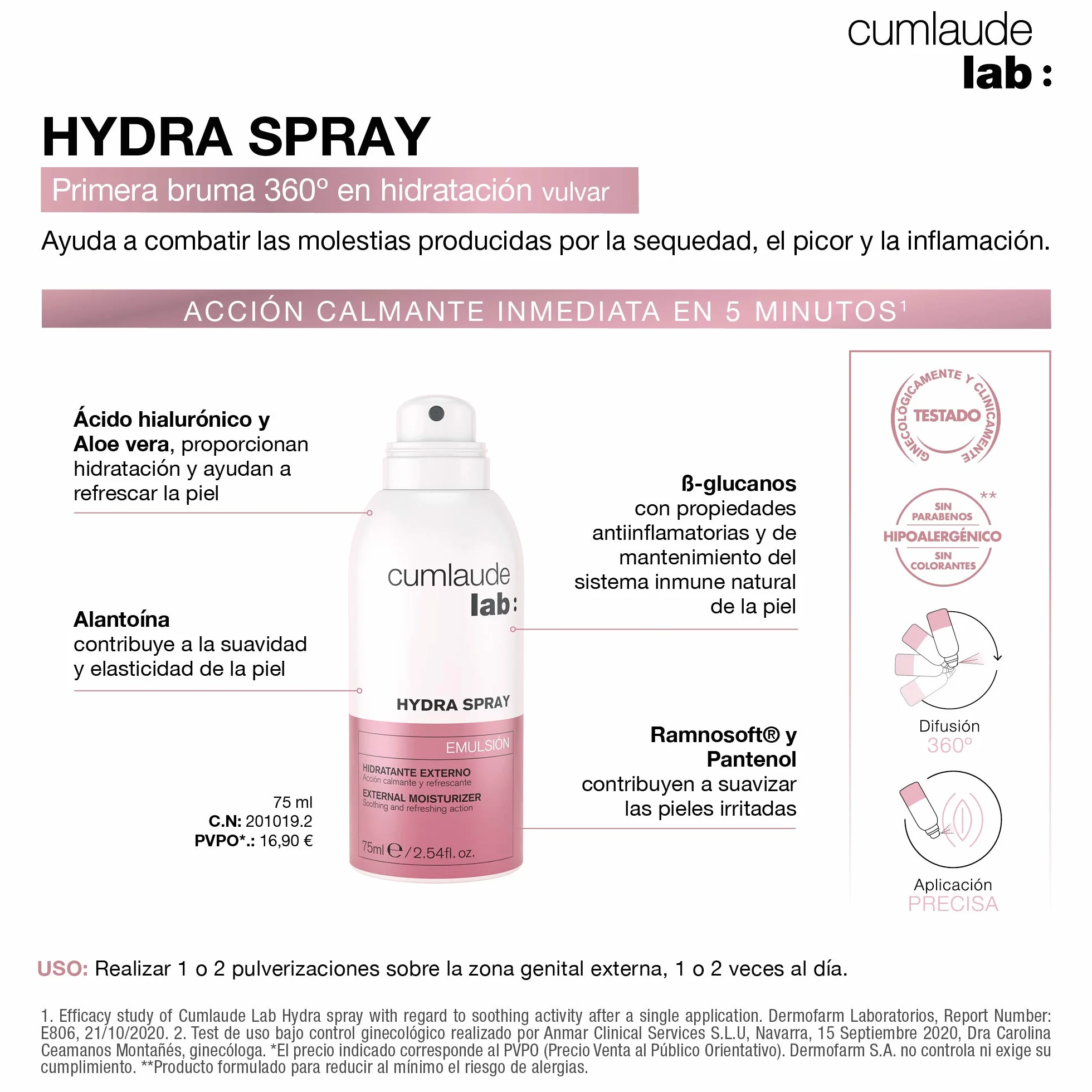Cumlaude Lab Hydra Spray - Bruma Vulvar Hidratante, Calmante y Refrescante en 5 segundos, con Ácido Hialurónico y Aloe Vera para Sequedad, Picor o Inflamación de la Zona Genital Externa - 75 ml